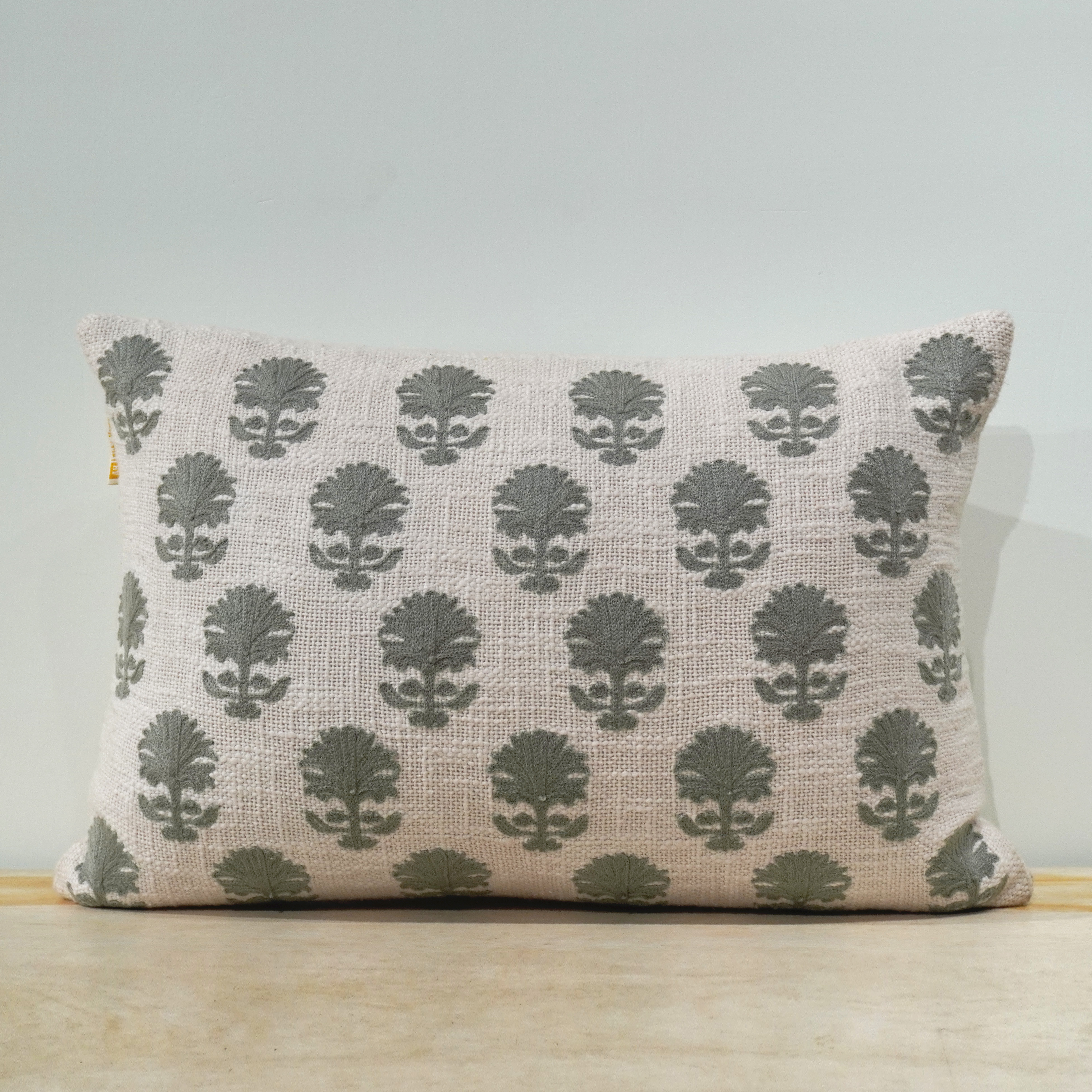 Sage green botanical block print embroidered lumbar on natural linen