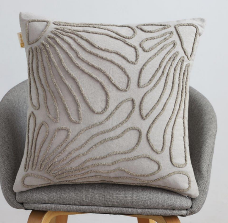 Stone grey cushion with abstract organic flowing stitch embroidery