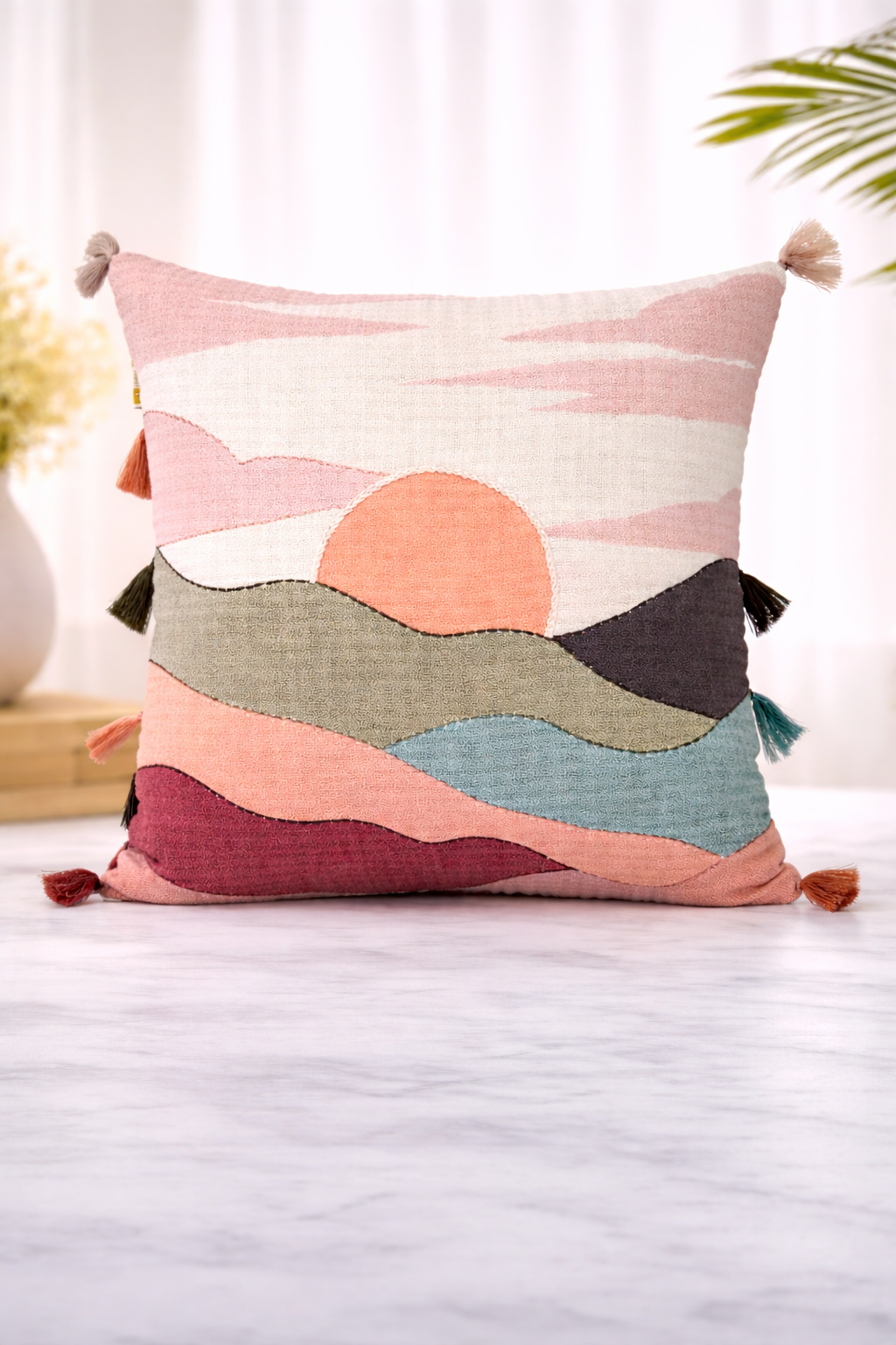 AH-10059 Sunset Landscape Appliqué Tassel Cushion