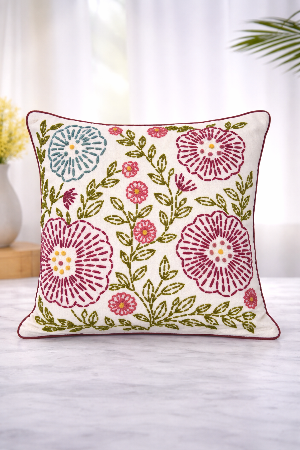 AH-10087 White Embroidered Floral Cushion