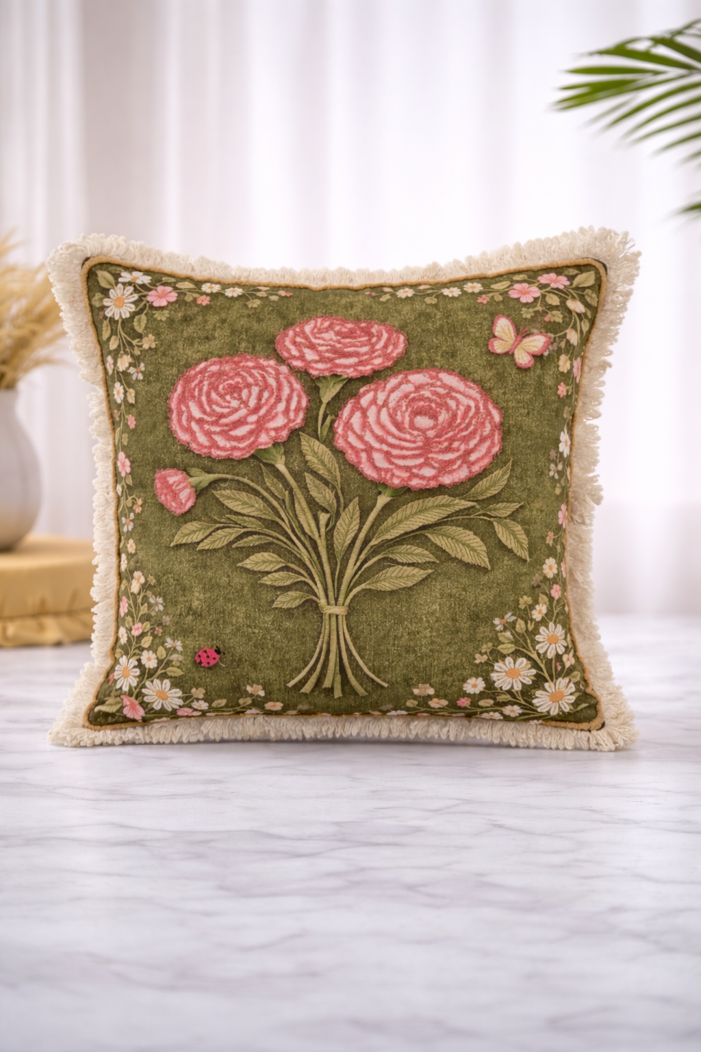 AH-10089 Sage Rose Bouquet Embroidered Cushion with Fringe