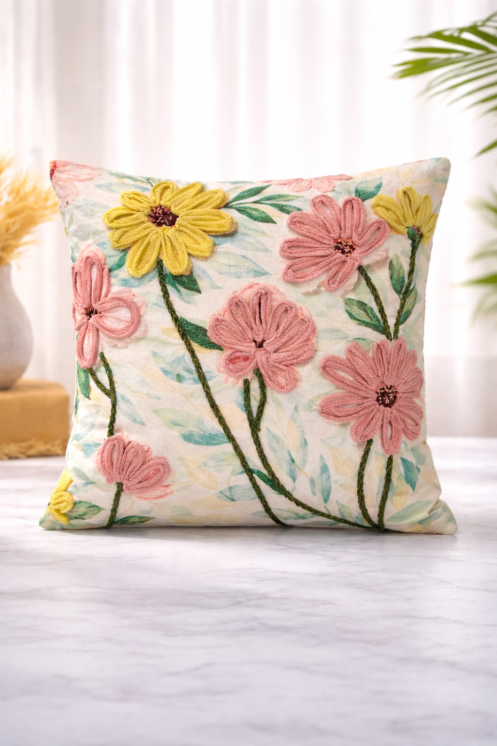 AH-10092 Raised Daisy Embroidered Cushion