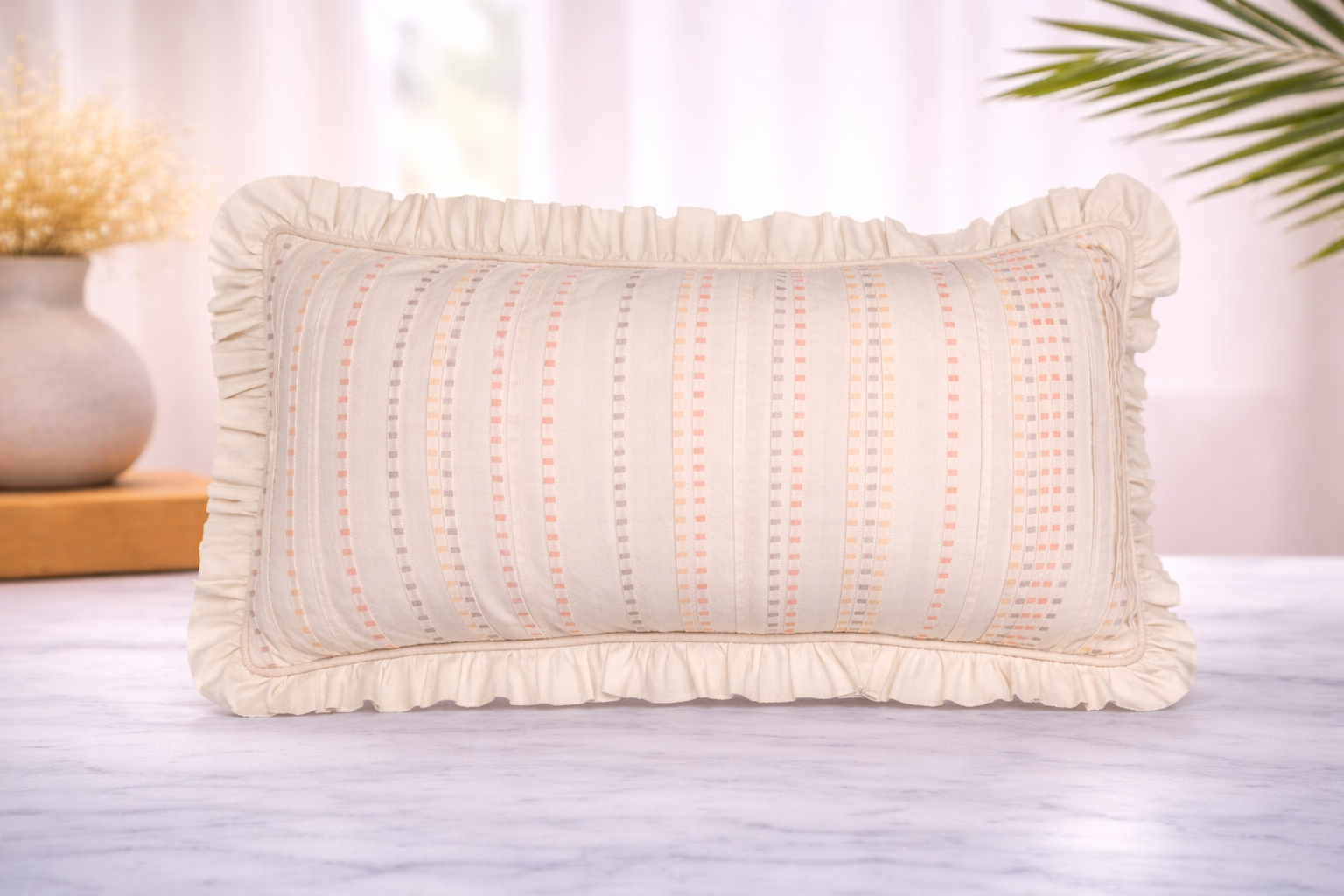 AH-10095 Ivory Ruffle Stripe Embroidered Lumbar