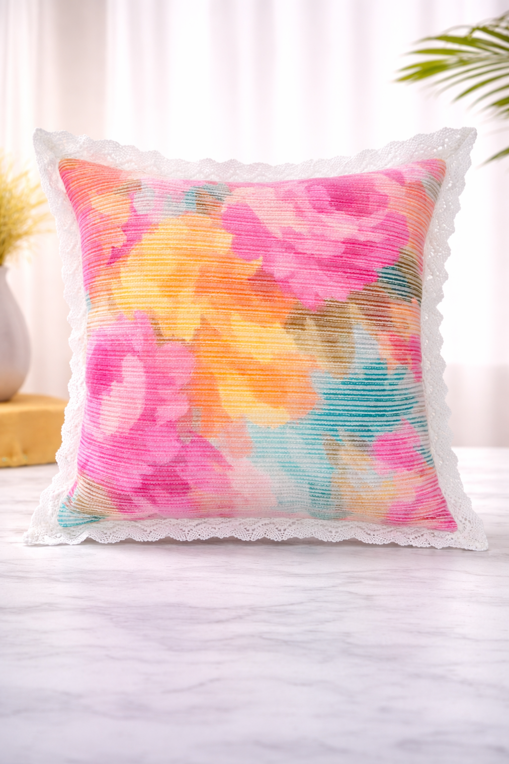 AH-10098 Vibrant Digital Floral Print Cushion with Lace Trim