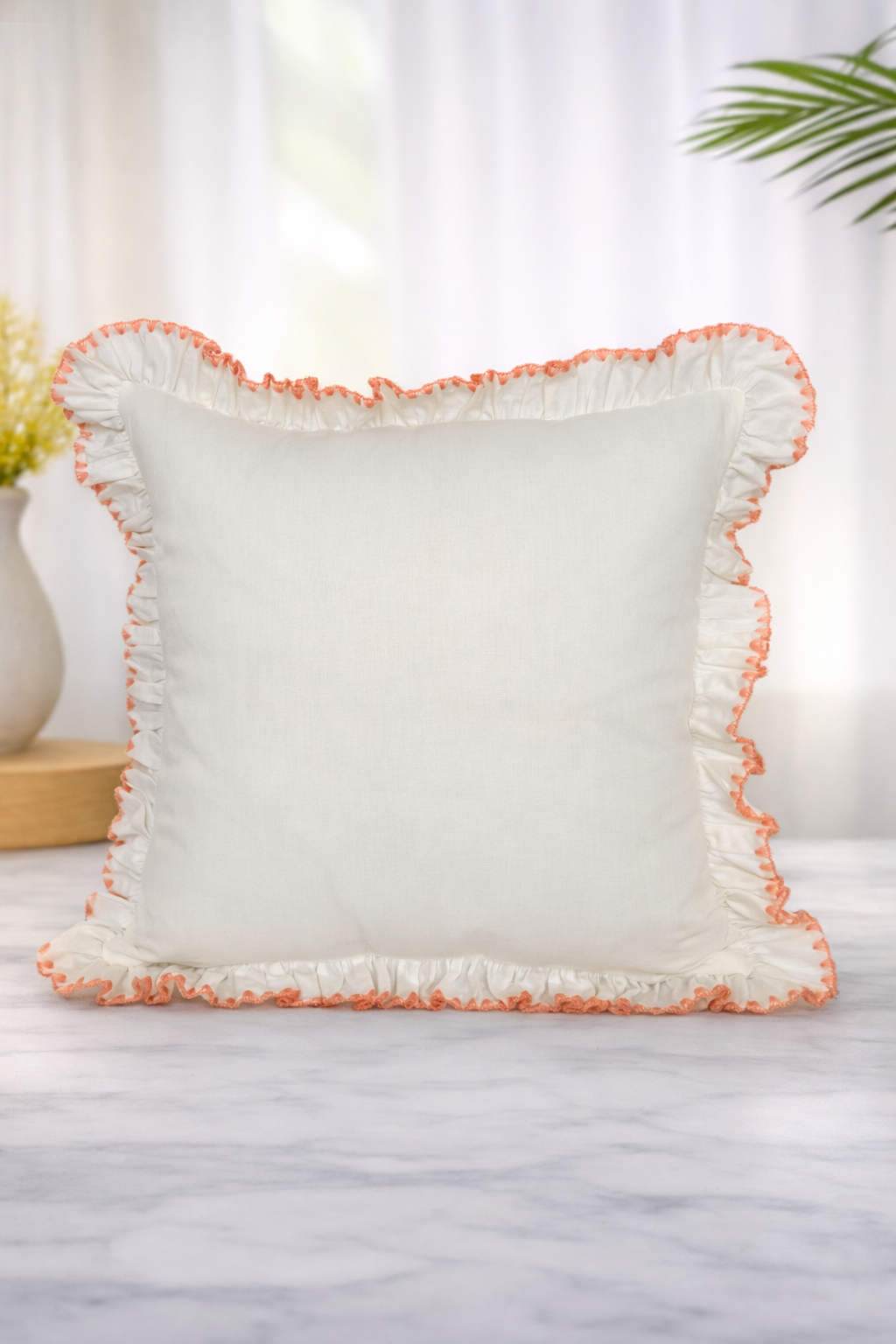 AH-10100-B White Cushion with Terracotta Ruffle Border