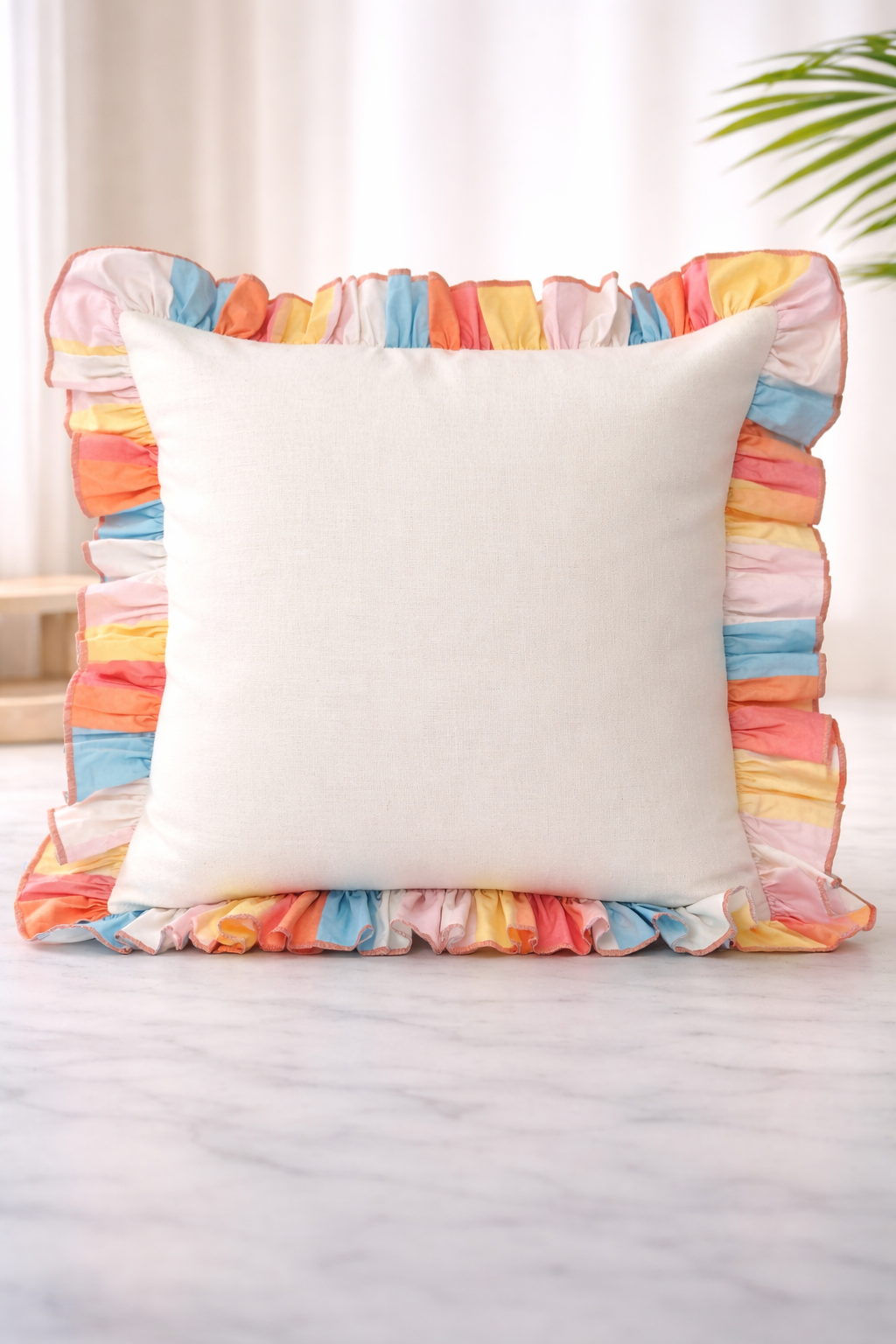 AH-10100 White Cushion with Multicolour Ruffle Border
