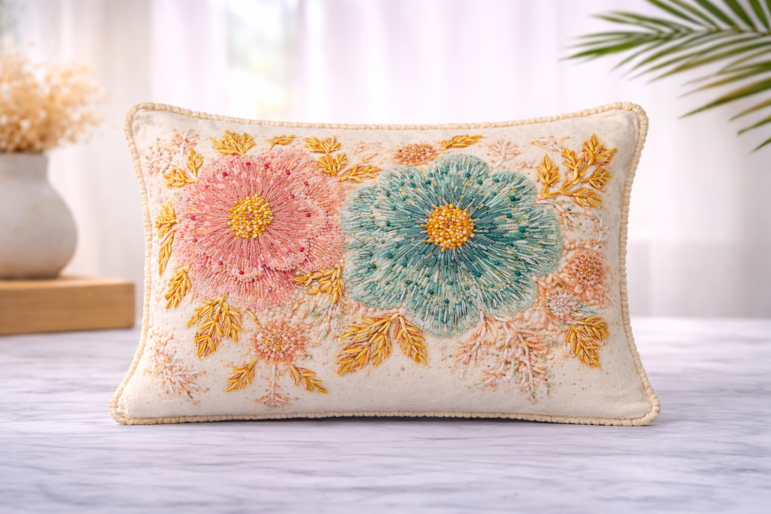 AH-10104 Chrysanthemum Embroidered Lumbar Cushion
