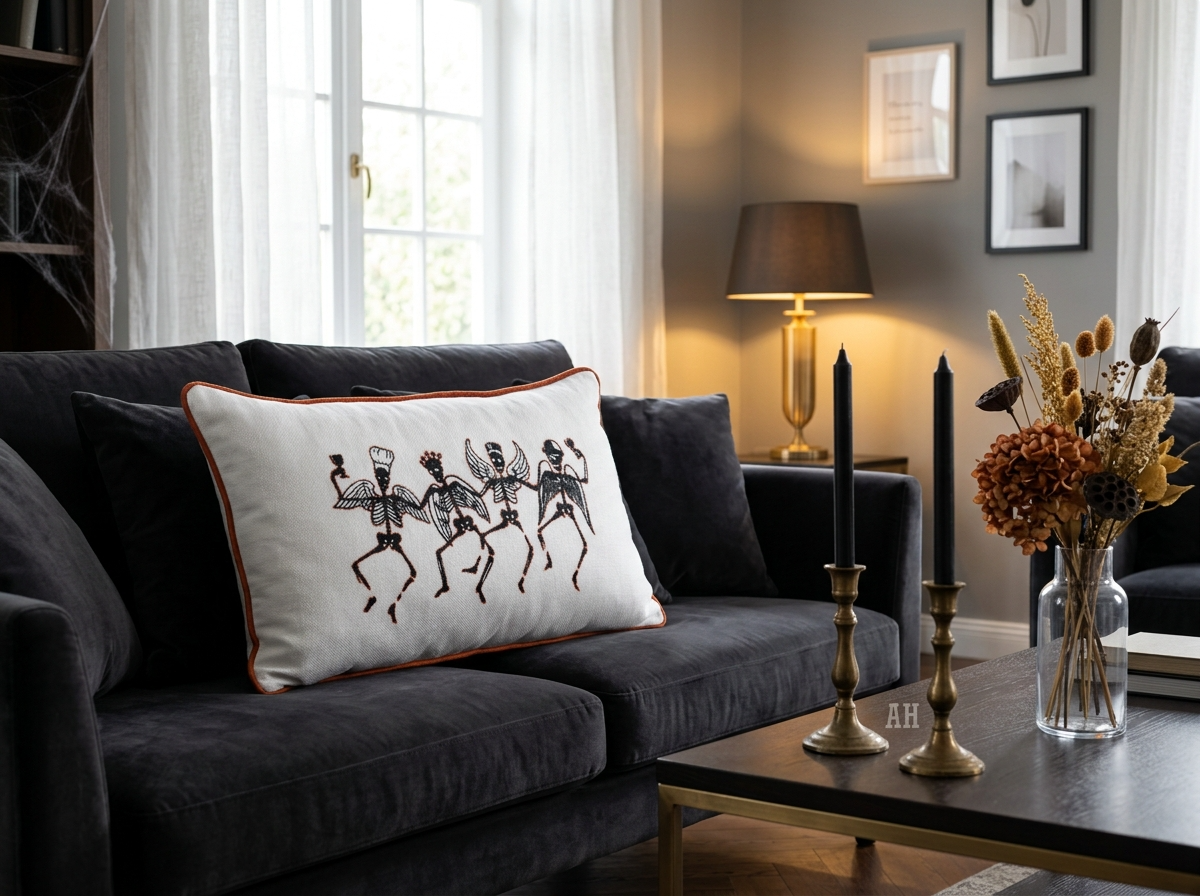 AH-HW-003 Dancing Skeletons Embroidered Lumbar Cushion