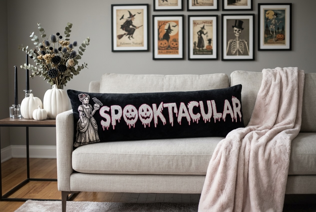 AH-HW-004 Spooktacular Black Velvet Lumbar Cushion