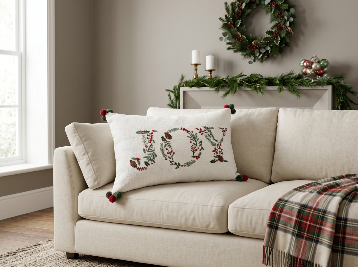 AH-XM-009 JOY Botanical Embroidered Pom-Pom Lumbar