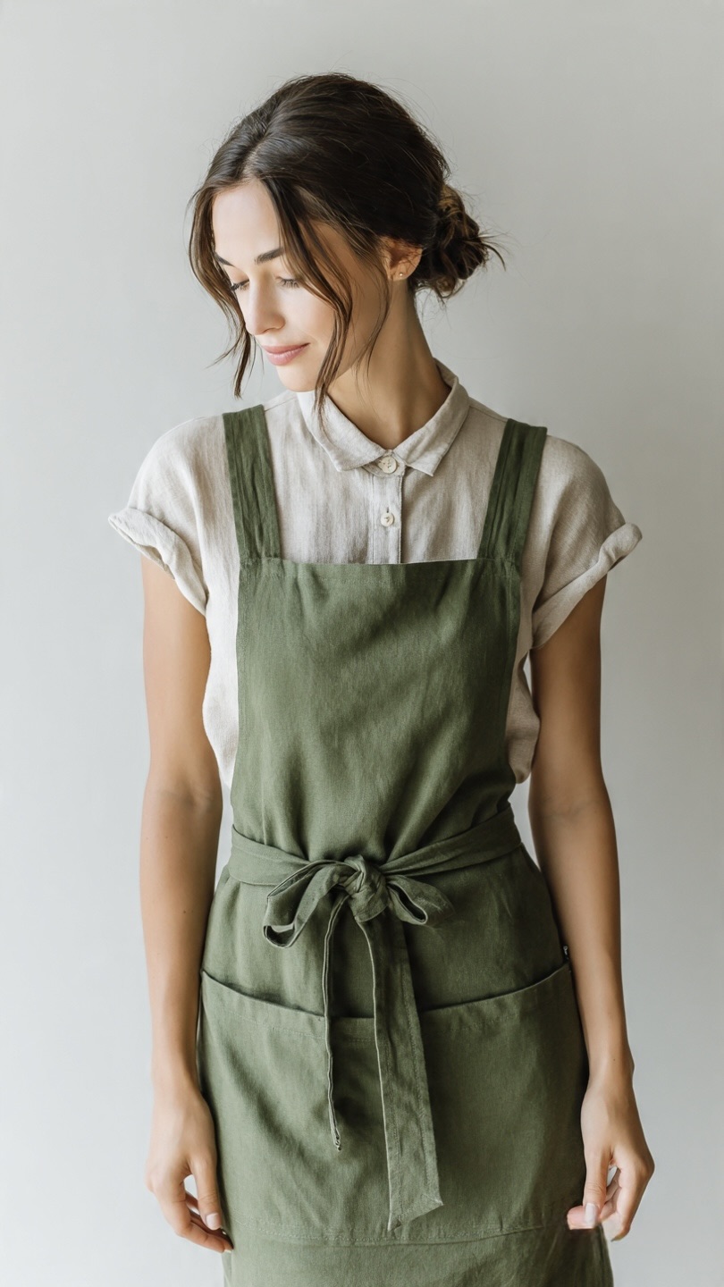 AH-KD-AP-001 Olive Sage Washed Linen Full Bib Apron