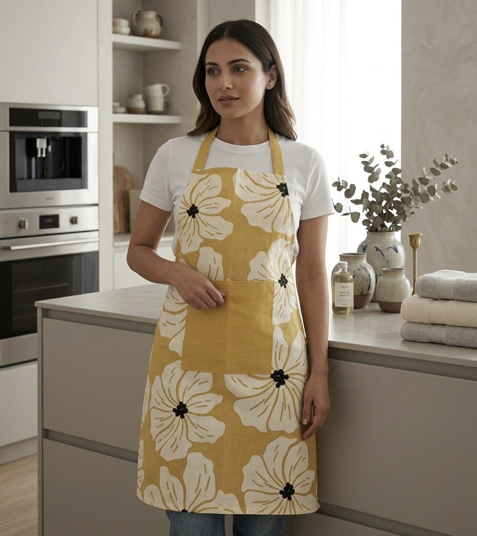 AH-KD-AP-002 Mustard Floral Block Print Bib Apron