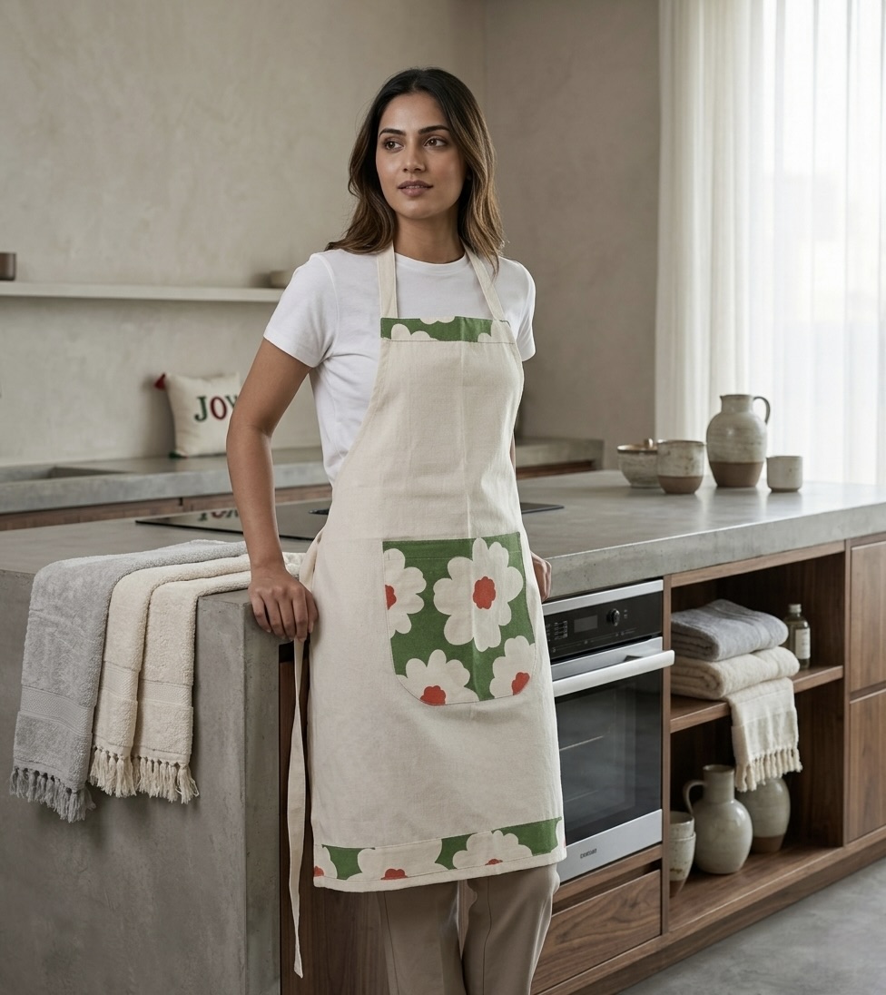 AH-KD-AP-004 Natural Cotton Floral Block Print Yoke Apron