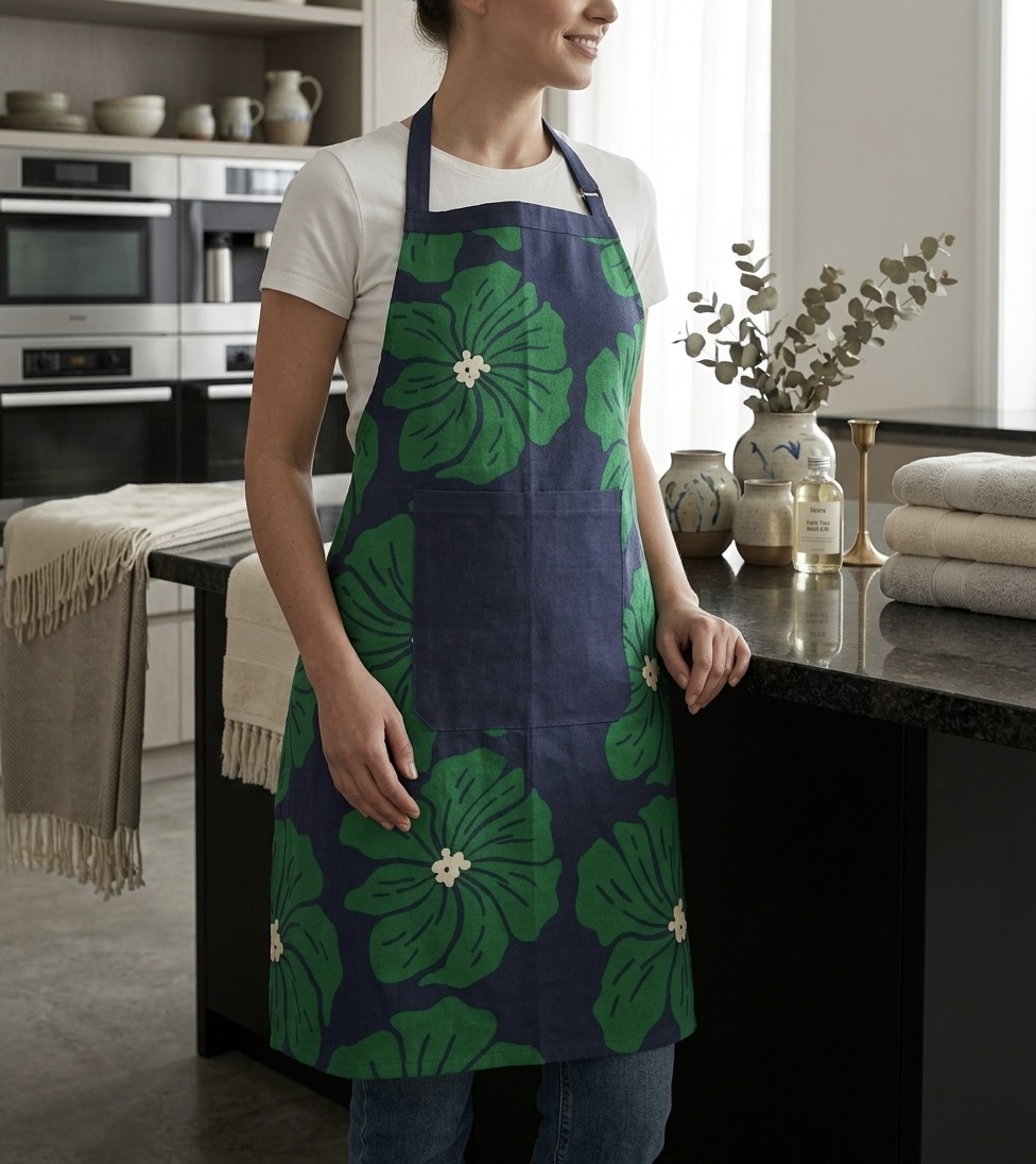 AH-KD-AP-006 Navy and Green Hibiscus Floral Block Print Bib Apron