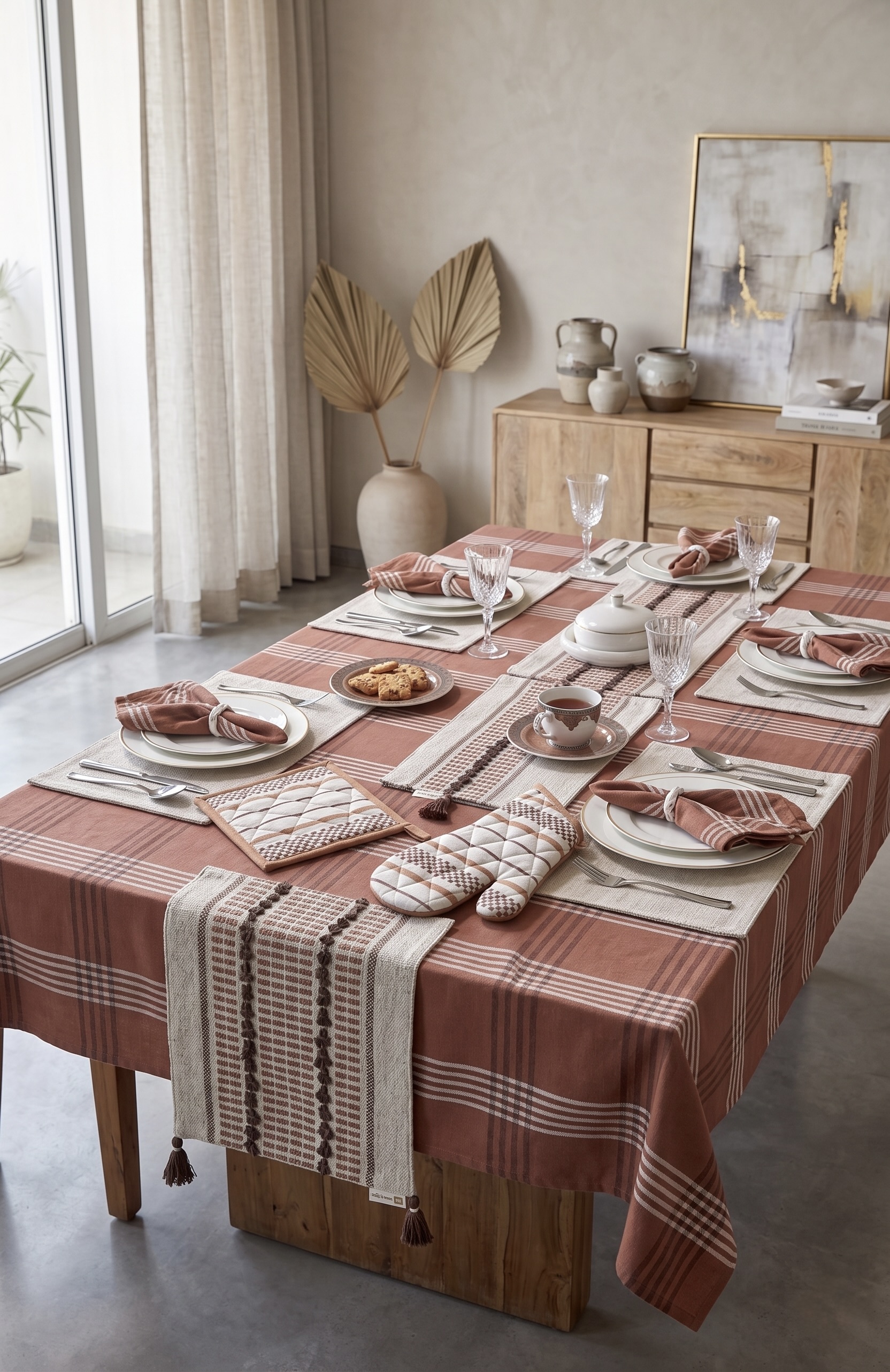 AH-KD-CS-003 Terracotta Plaid Co-ordinated Table Set