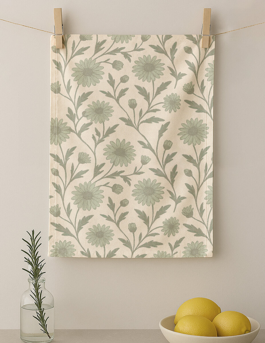 AH-KD-KT-001 Sage Daisy Botanical Print Cotton Tea Towel