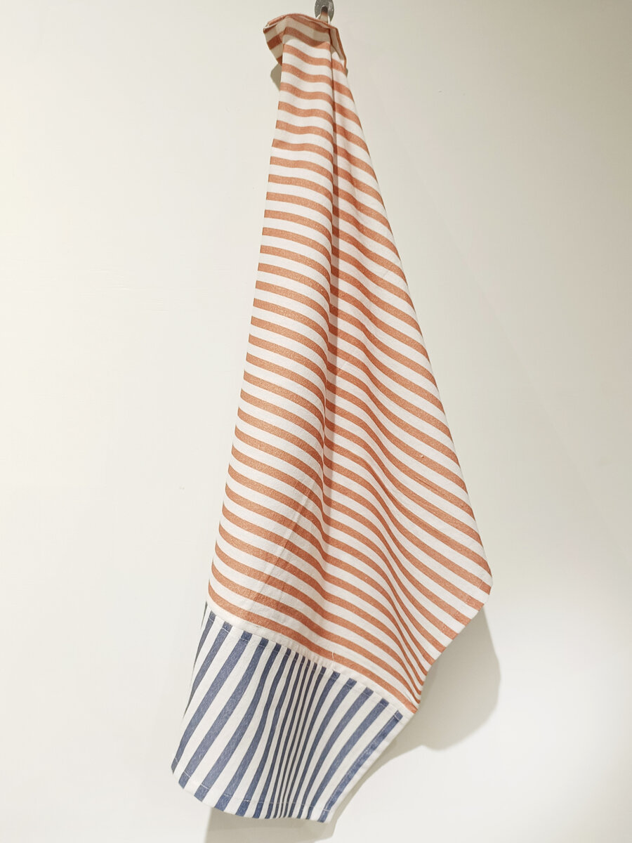 AH-KD-KT-007 Terracotta and Indigo Block Stripe Tea Towel