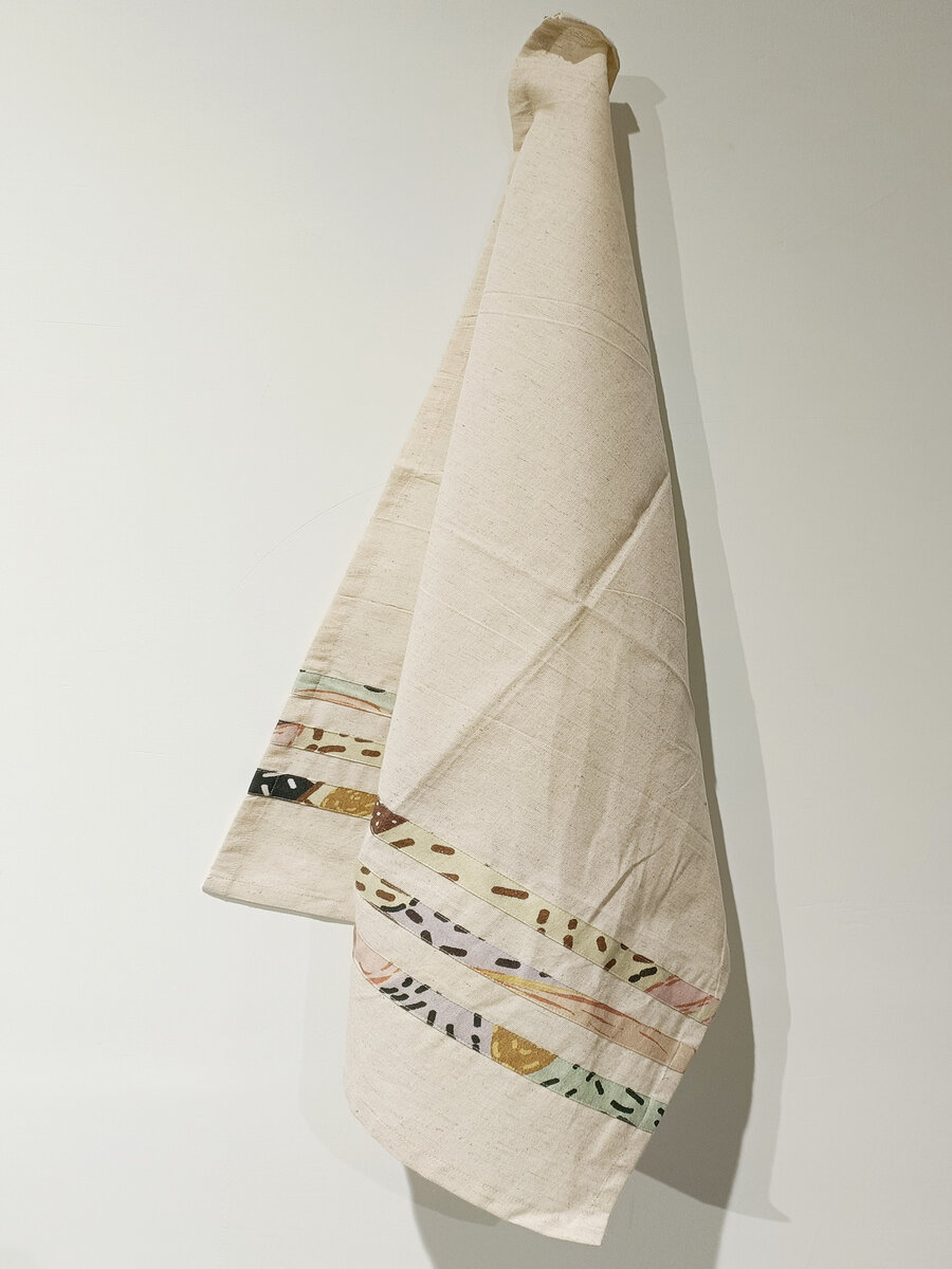AH-KD-KT-008 Natural Khadi Tea Towel with Multi-Colour Hand Painted Stripe Border