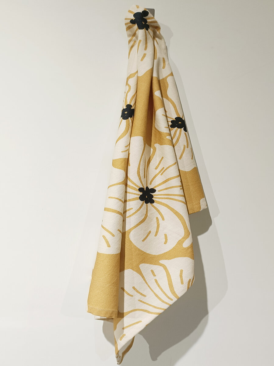AH-KD-KT-010 Mustard and Ivory Hibiscus Floral Print Tea Towel