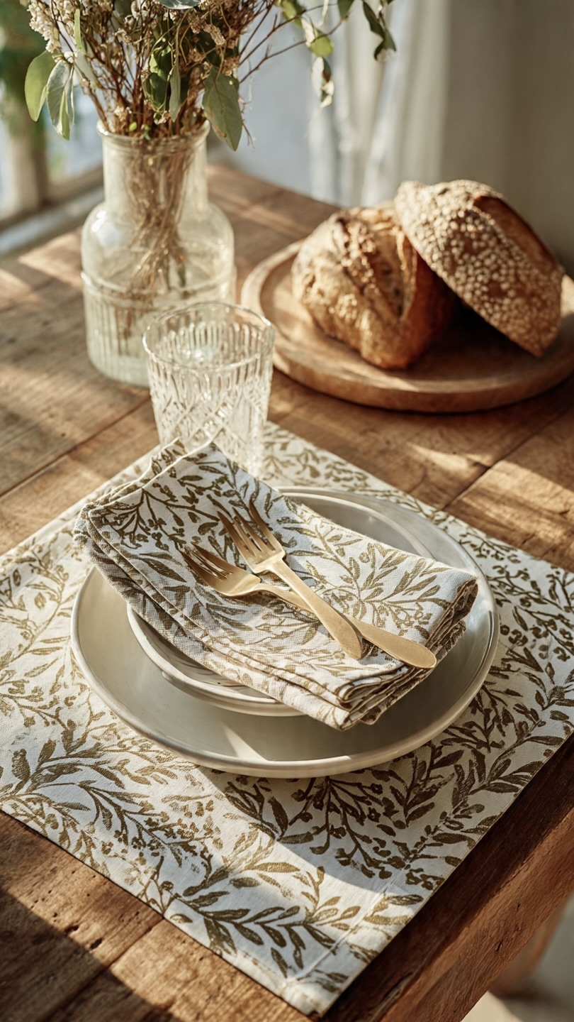 AH-KD-NP-004 Gold Botanical Block Print Napkin and Placemat Set