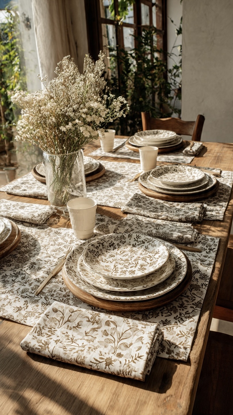 AH-KD-PM-006 White Olive Sage Botanical Print Placemat Full Setting