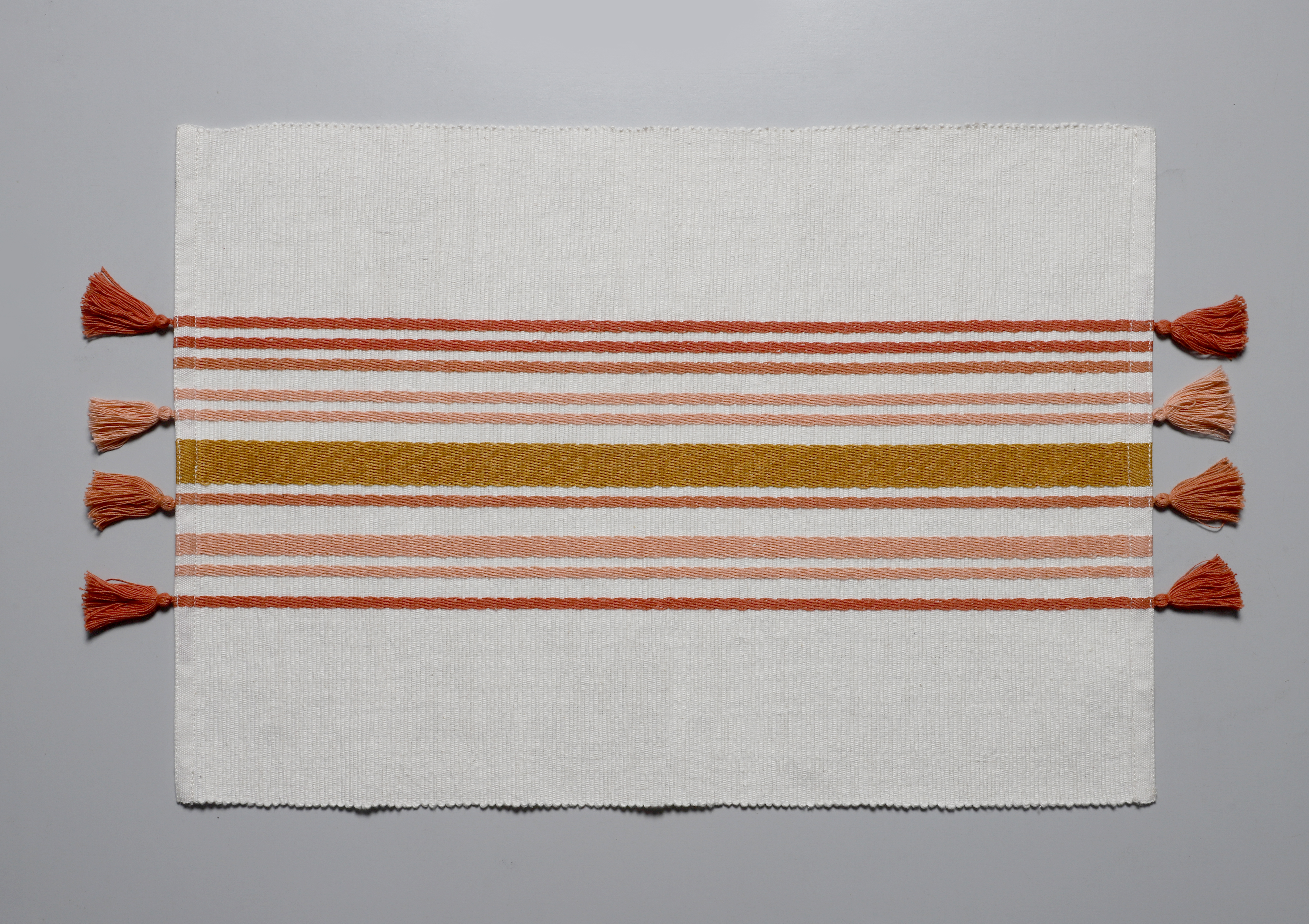 AH-KD-PM-011 Coral and Mustard Centre Stripe Tassel Placemat