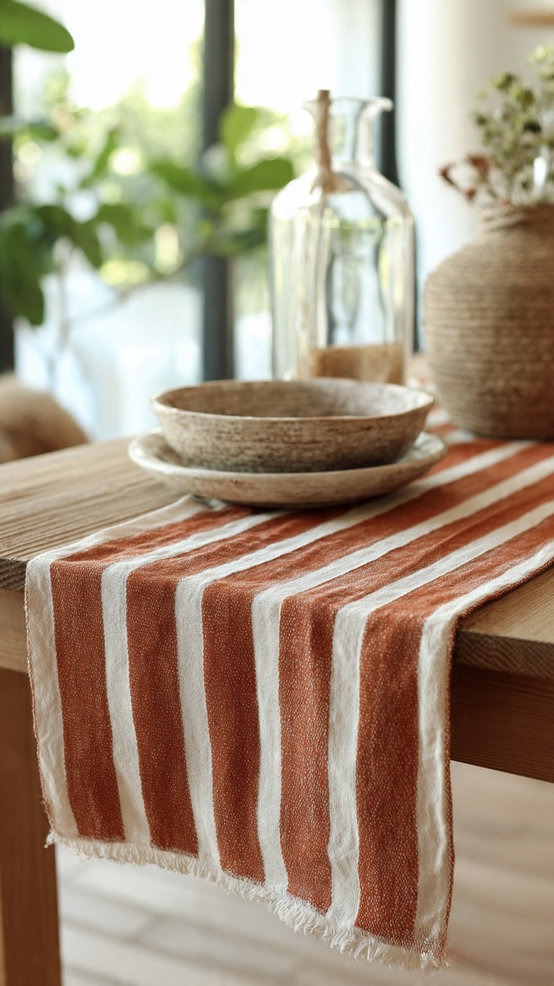 AH-KD-TR-005 Broad Terracotta Cream Stripe Runner with Fringe