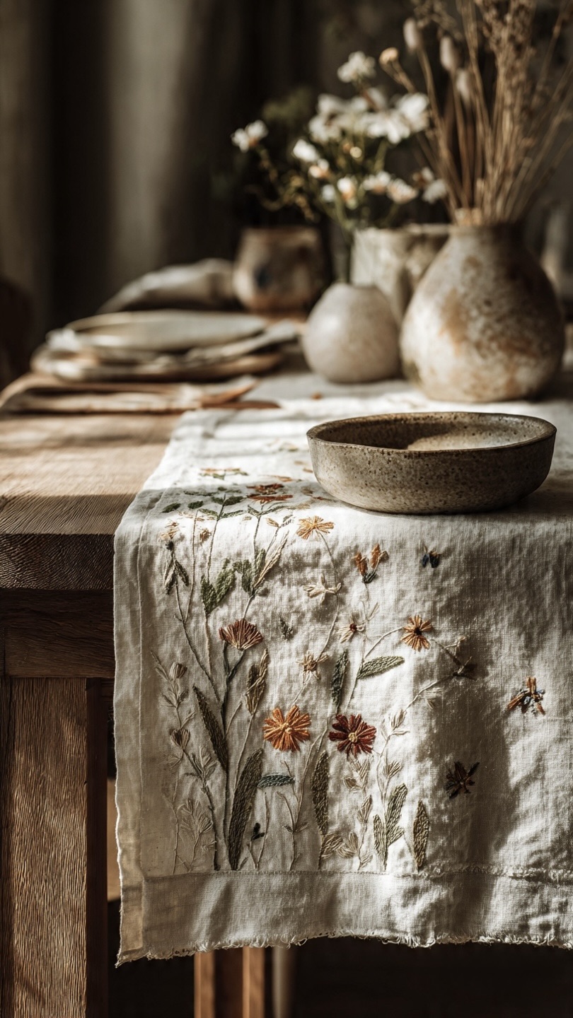 AH-KD-TR-006 Hand Embroidered Wildflower Linen Runner