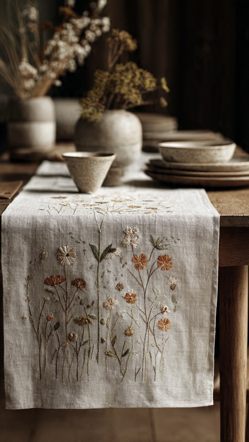 AH-KD-TR-007 Natural Linen Embroidered Botanical Runner