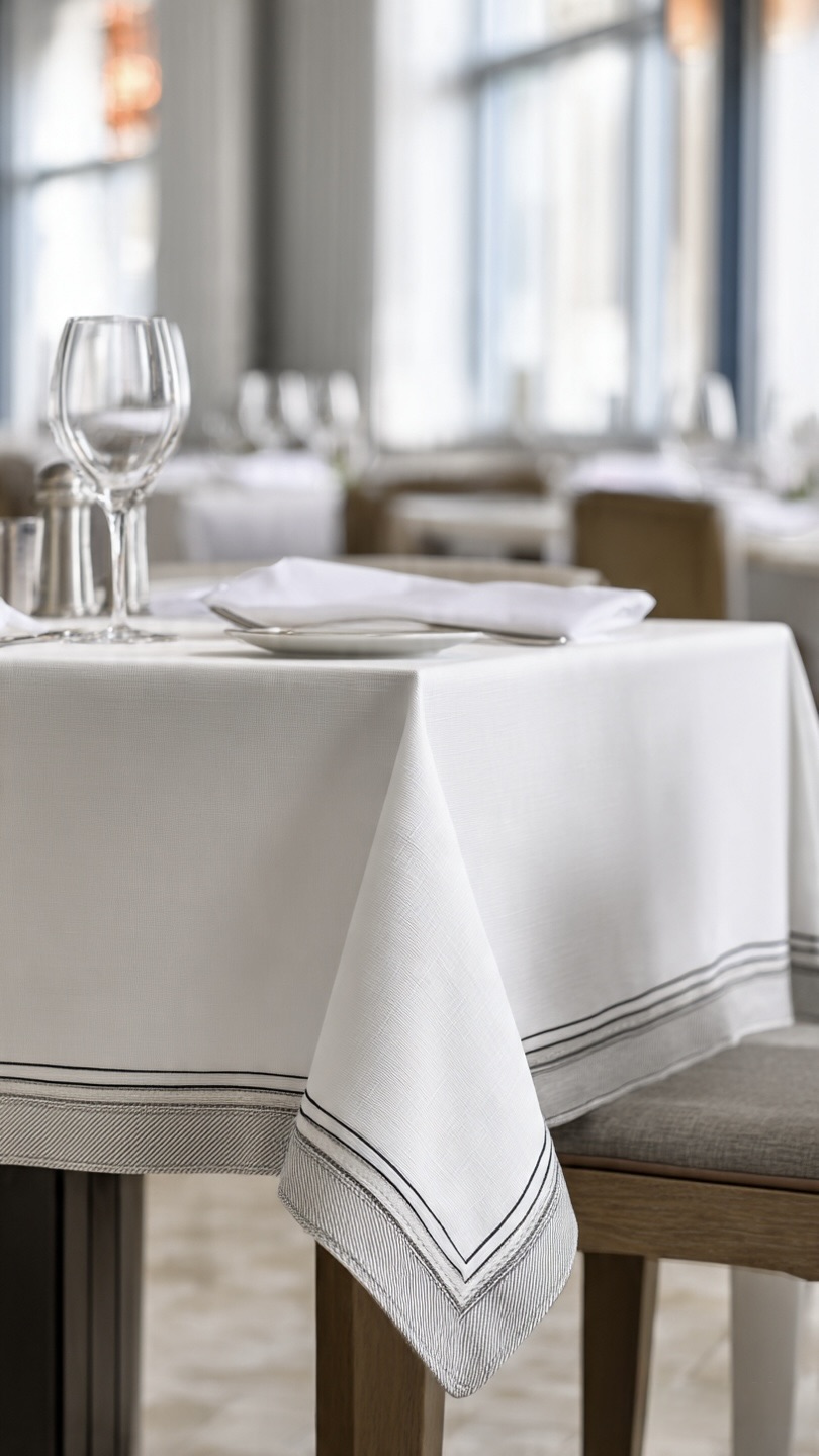 AH-KD-TC-002 White with Grey Stripe Border Tablecloth
