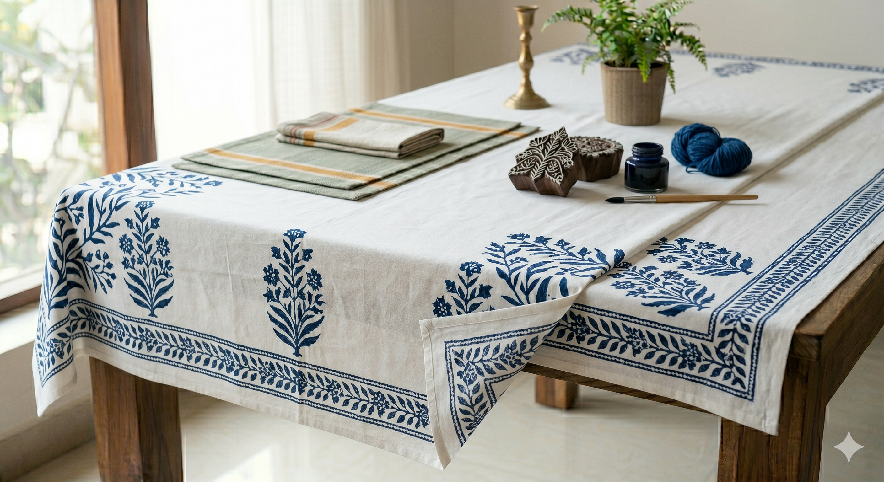 AH-KD-TC-006 White Indigo Block Print Botanical Tablecloth
