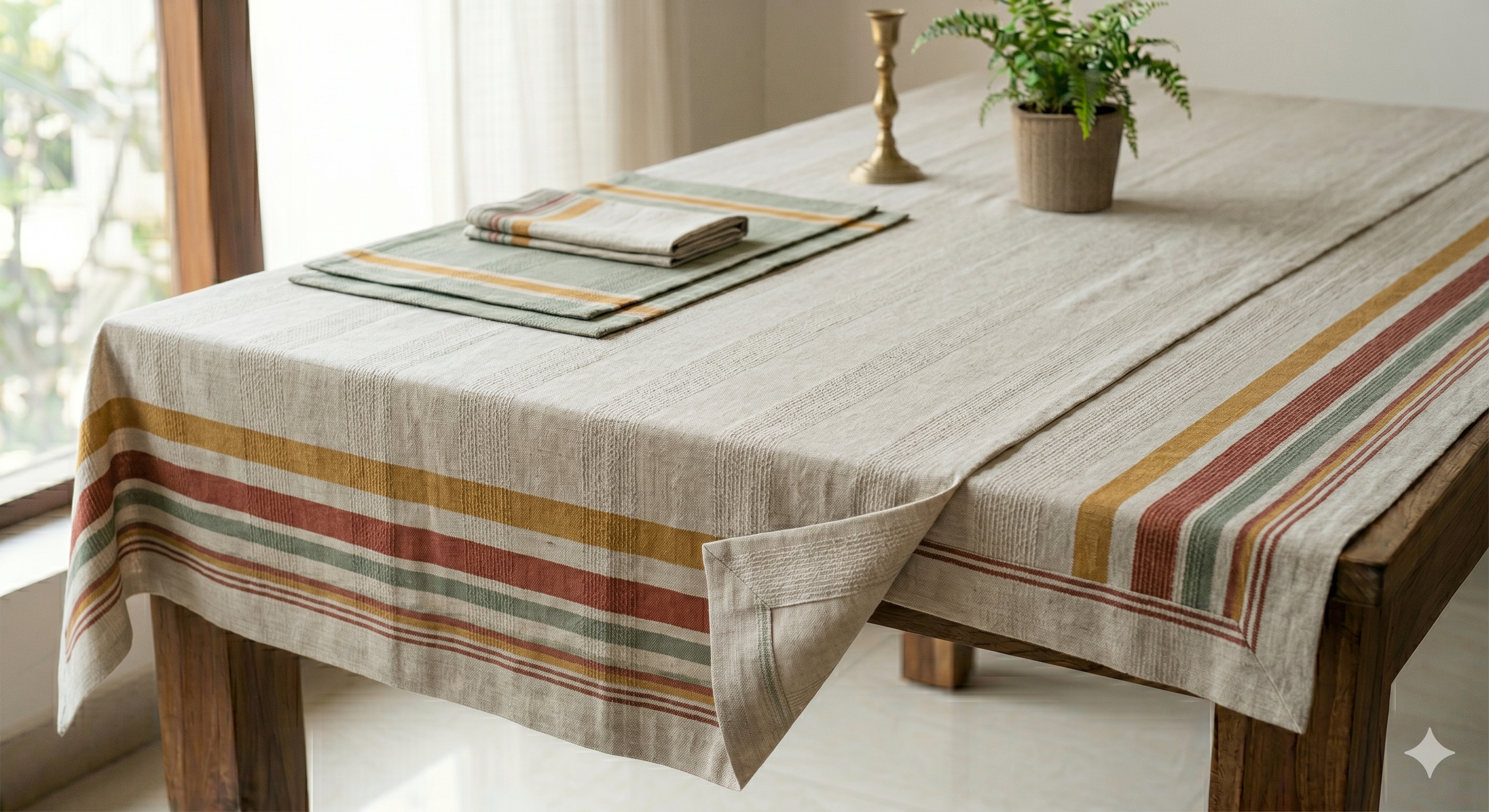 AH-KD-TC-007 Natural Linen Multicolour Stripe Tablecloth