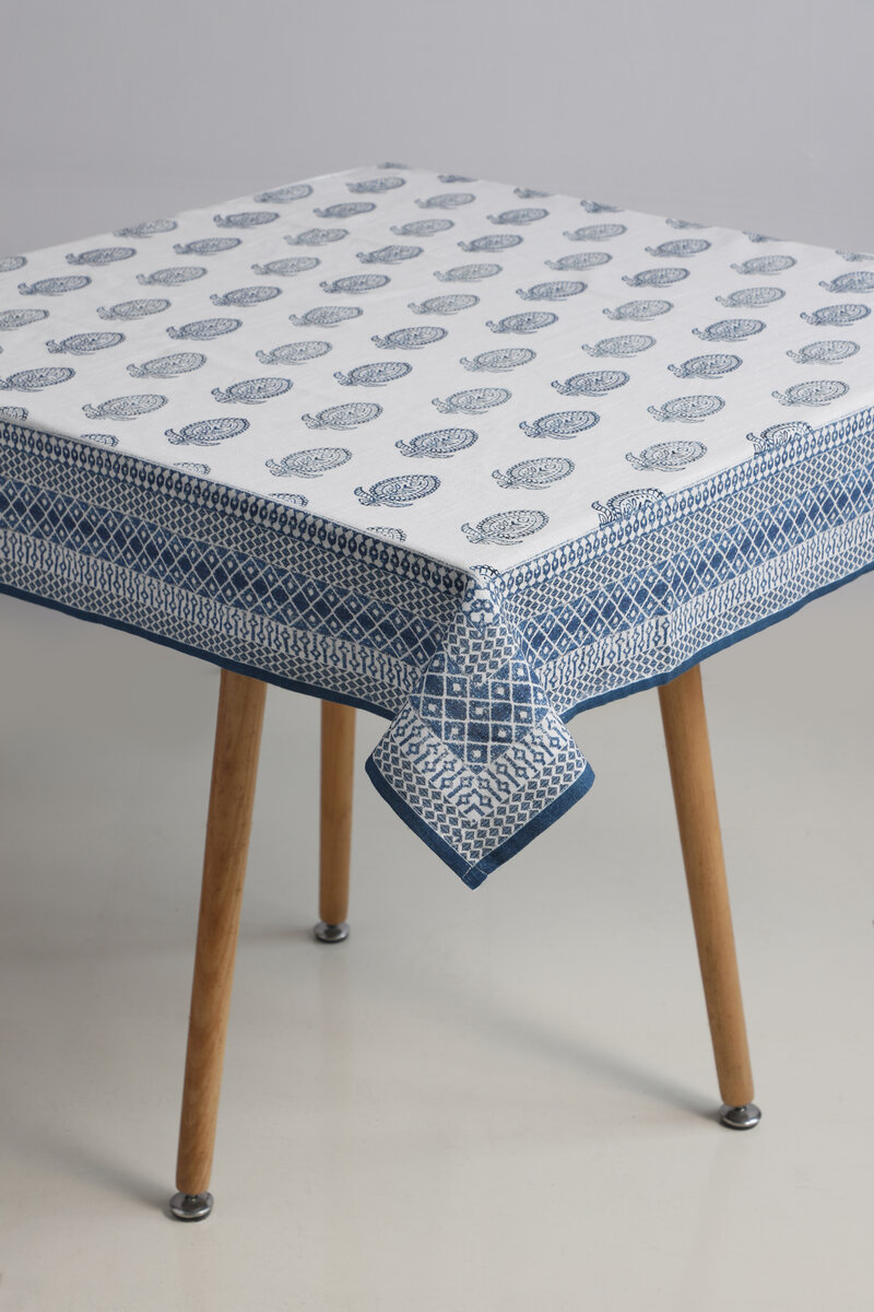AH-KD-TC-008 Indigo Paisley Buti Block Print Cotton Tablecloth