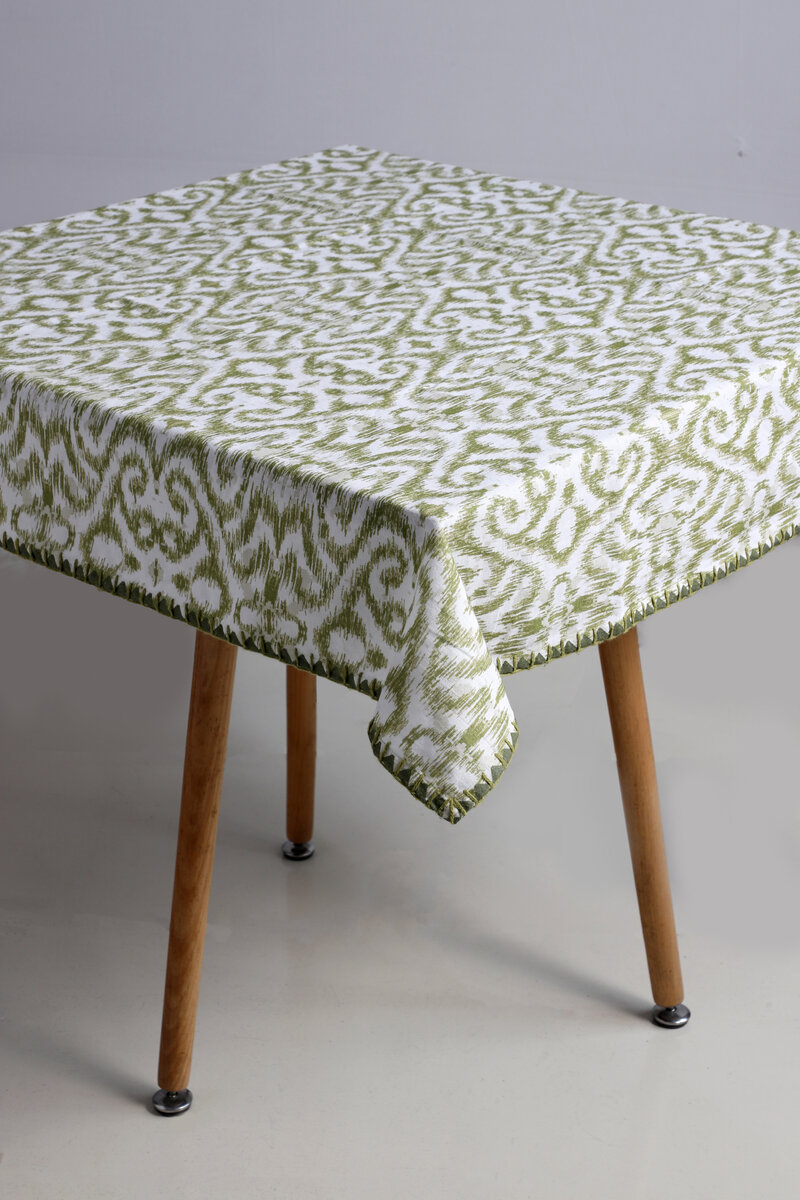 AH-KD-TC-010 Olive Green Ikat Style Print Cotton Tablecloth