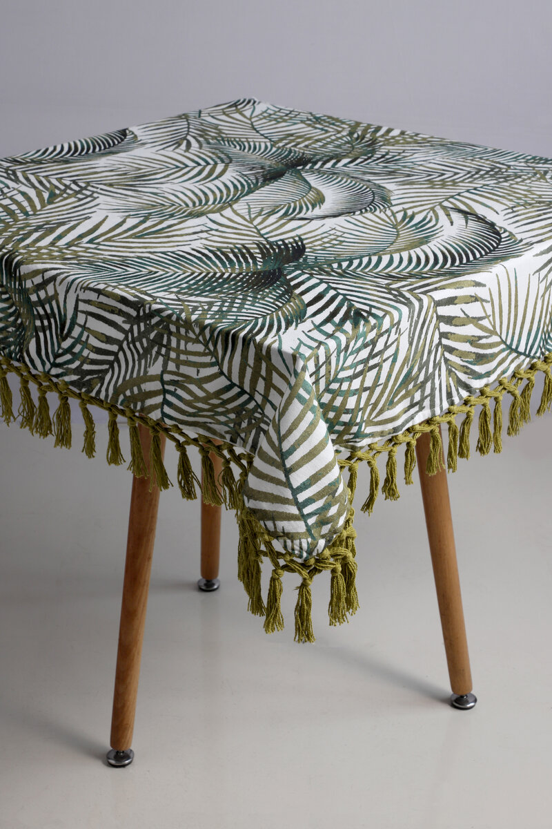 AH-KD-TC-011 Forest Green Palm Leaf Print Tablecloth with Olive Tassel Fringe