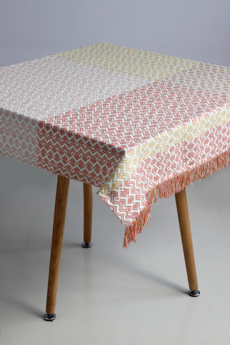 AH-KD-TC-012 Multicolour Cross-Stitch Geometric Tablecloth with Fringe