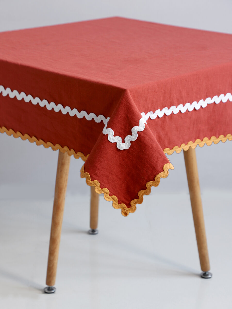 AH-KD-TC-013 Rust Linen Tablecloth with White and Mustard Ric-Rac Trim