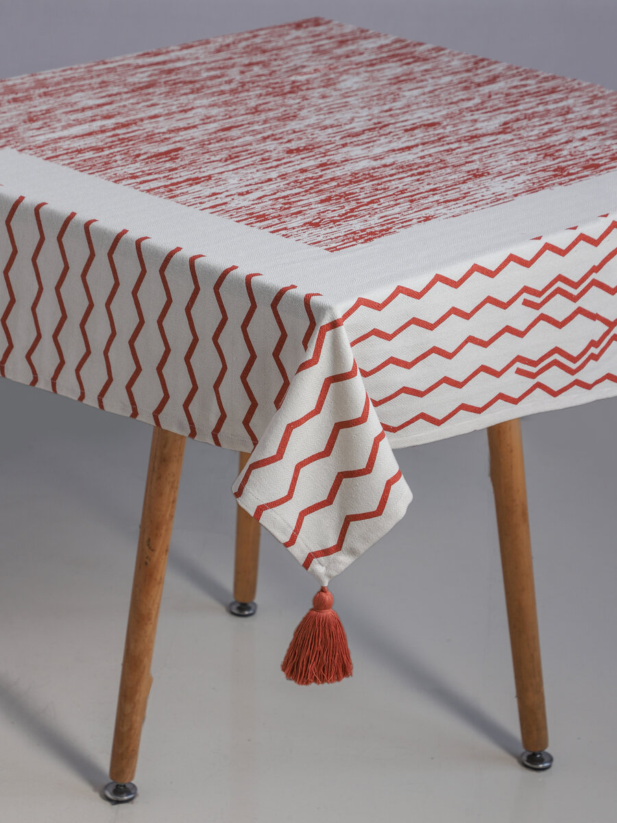 AH-KD-TC-014 Off White Cotton Tablecloth with Rust Chevron Border and Tassel