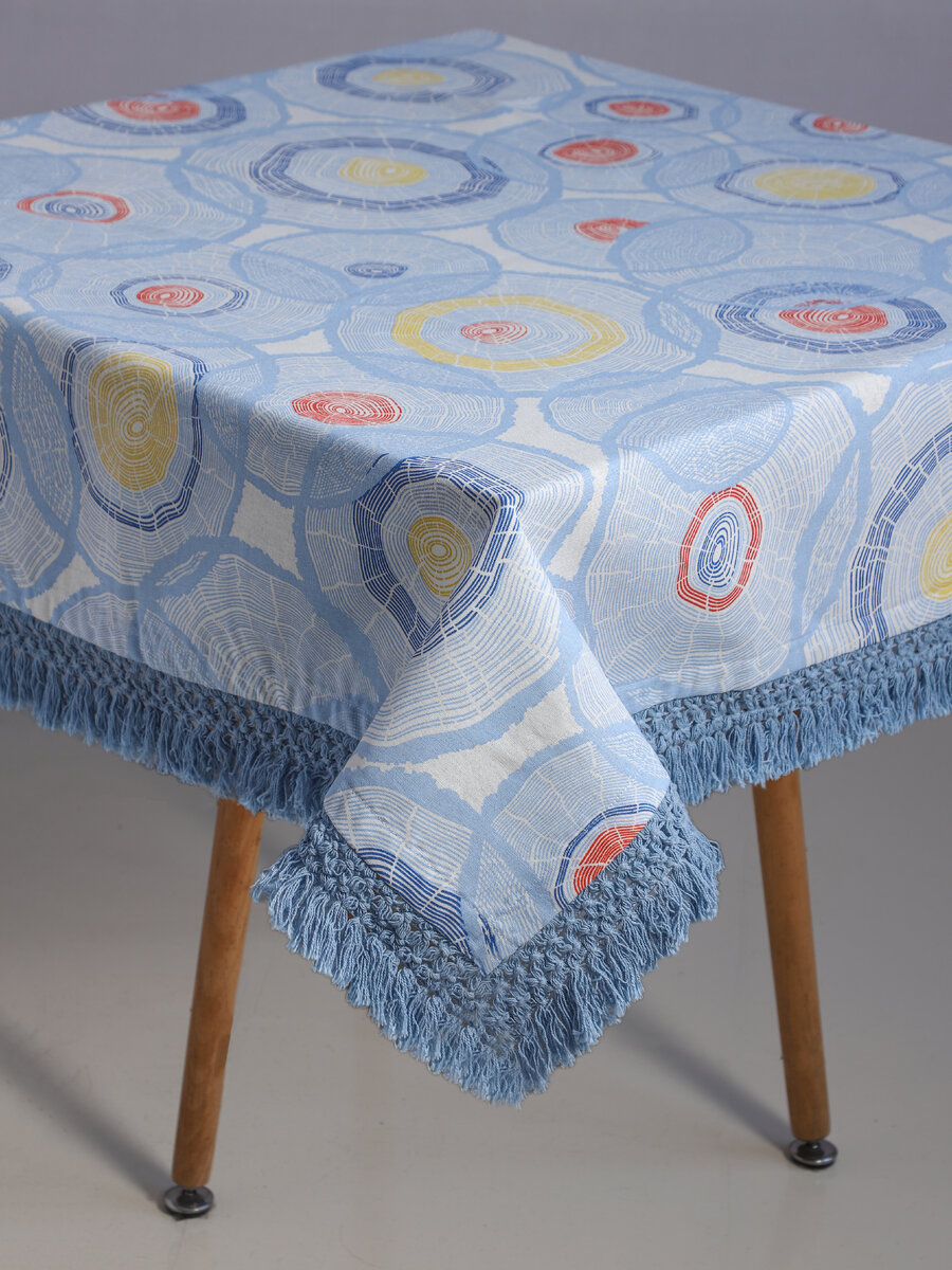 AH-KD-TC-015 Pale Blue Multi Concentric Circles Print Tablecloth with Fringe