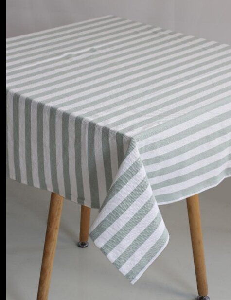 AH-KD-TC-016 Sage Green and White Wide Stripe Yarn-Dyed Tablecloth