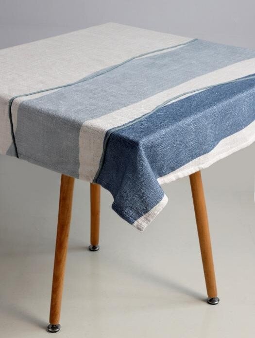 AH-KD-TC-017 Indigo Blue Block Stripe Heavyweight Cotton Tablecloth