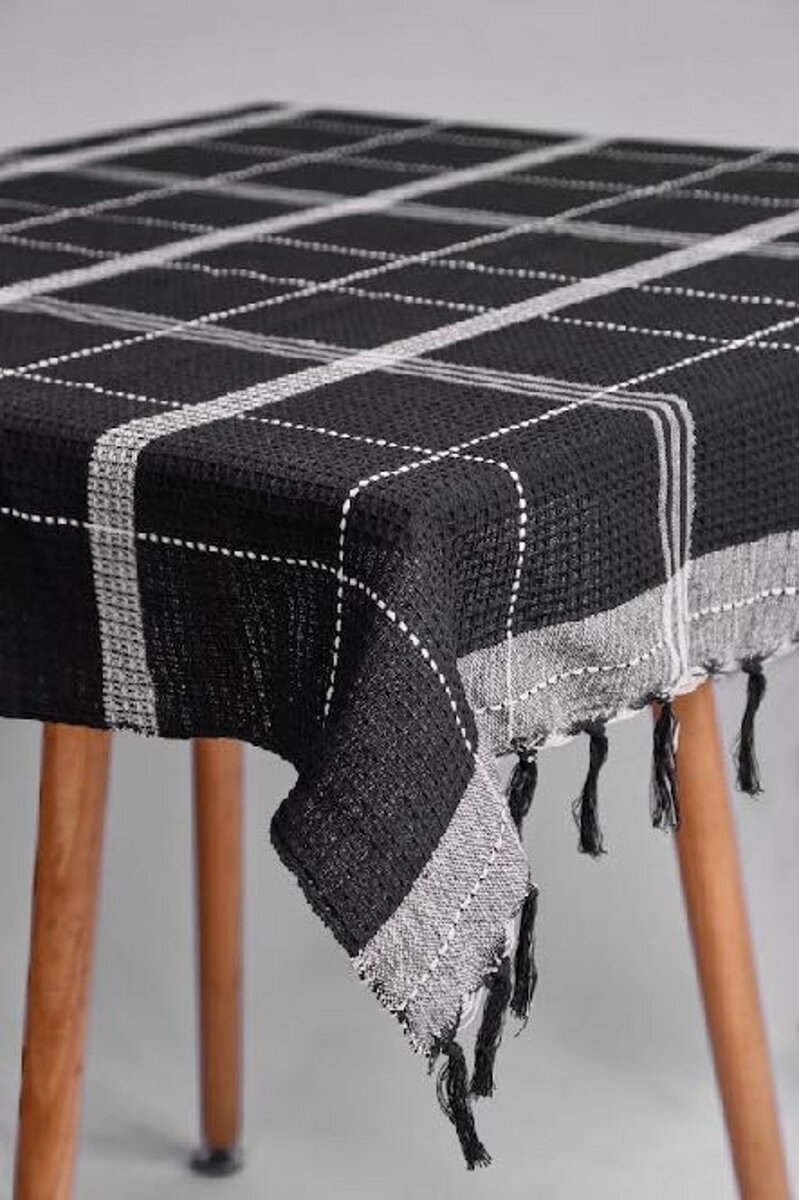 AH-KD-TC-018 Black and Charcoal Waffle Weave Window Pane Check Tablecloth with Tassels