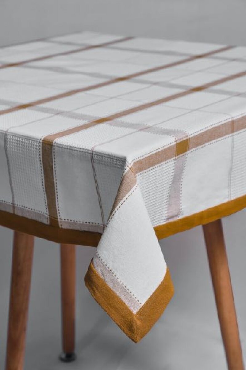 AH-KD-TC-019 Mustard and Stone Window Pane Check Waffle Weave Tablecloth