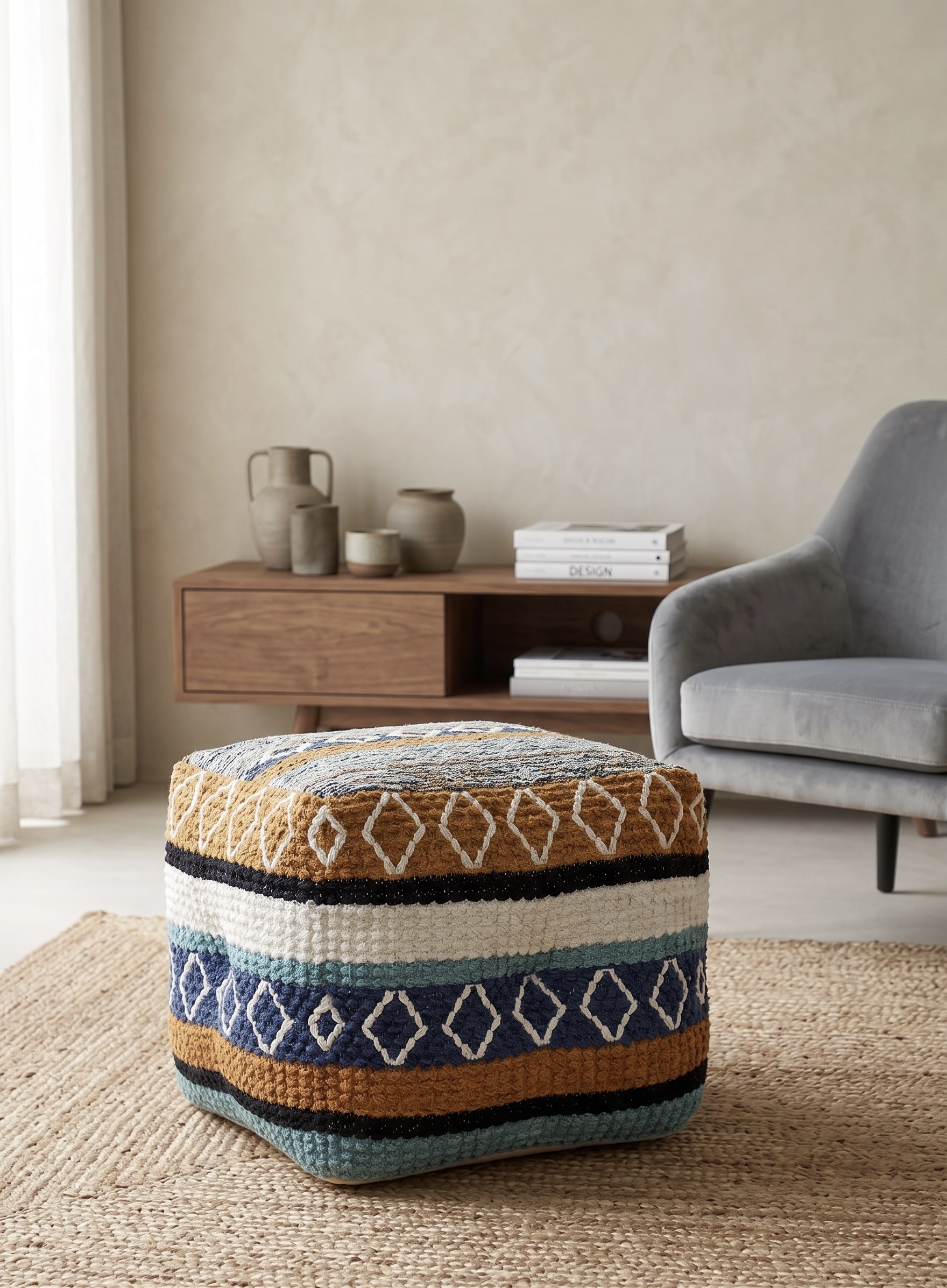 AH-PF-001 Multicolour Tribal Stripe Tufted Pouffe