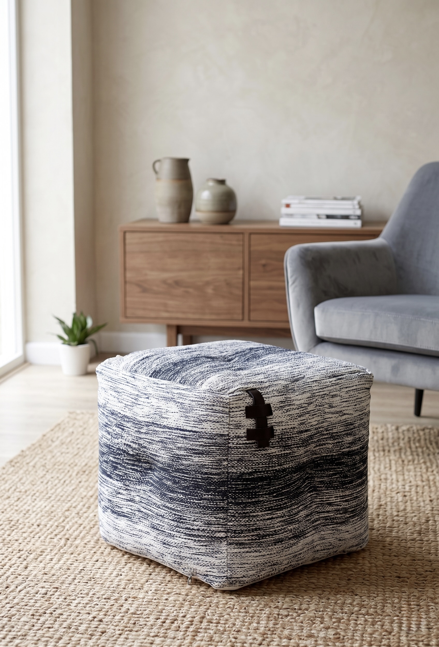 AH-PF-002 Grey White Space-Dyed Woven Pouffe