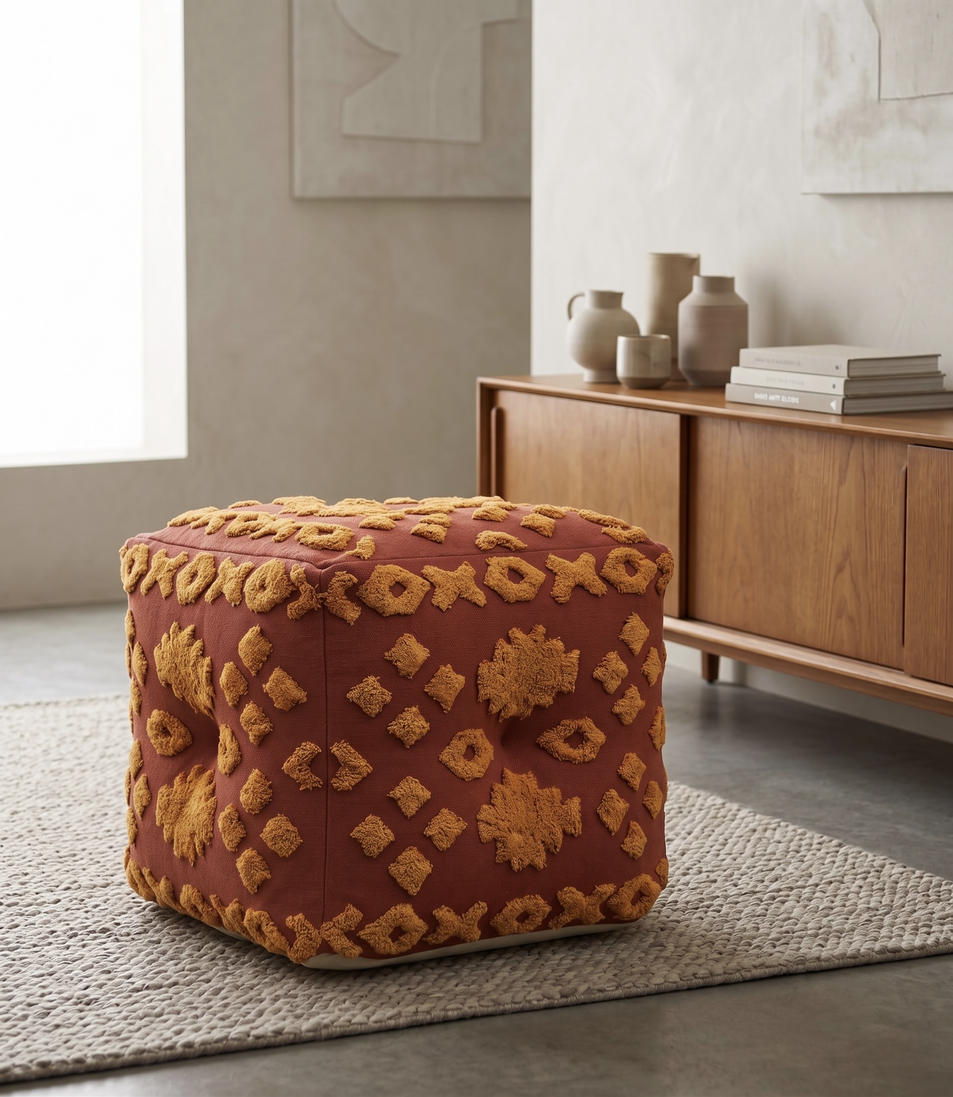 AH-PF-003 Terracotta Tufted Geometric Pouffe