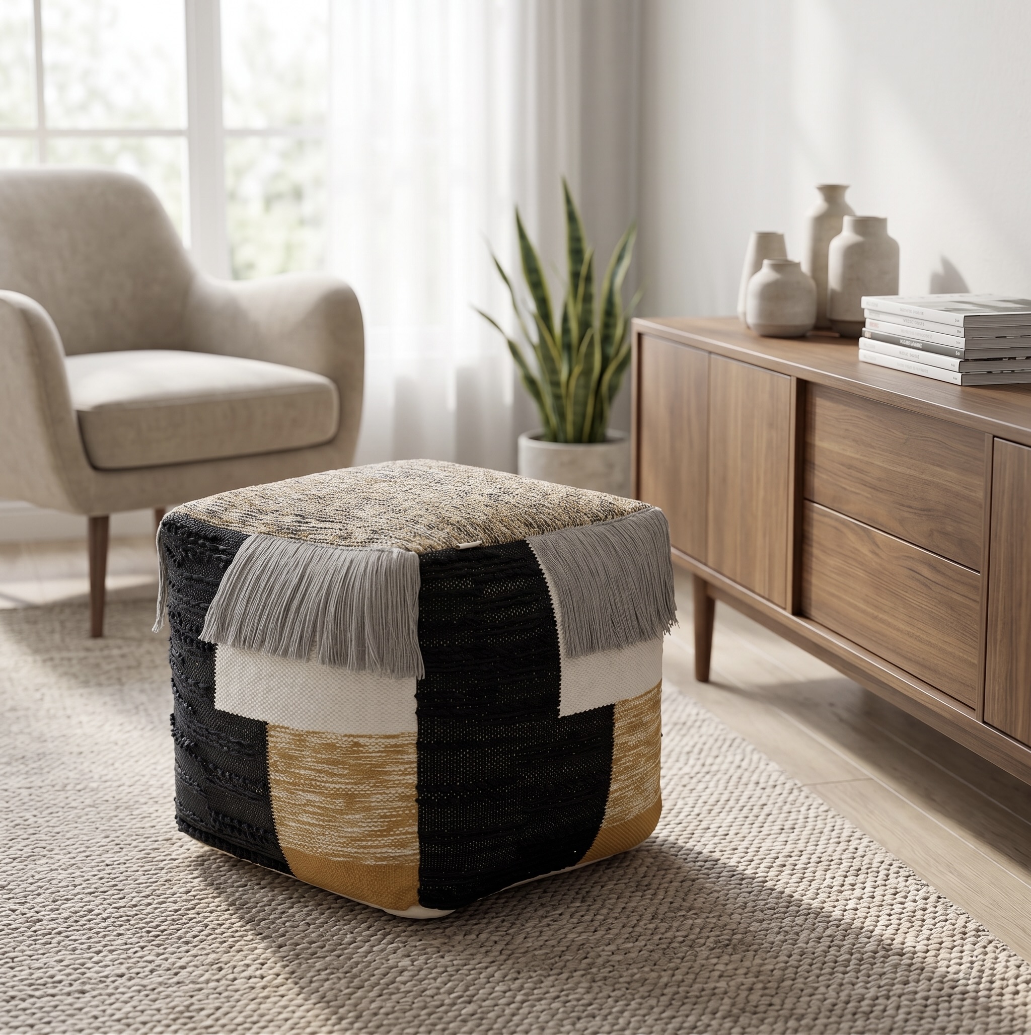 AH-PF-004 Black White Gold Patchwork Fringe Pouffe