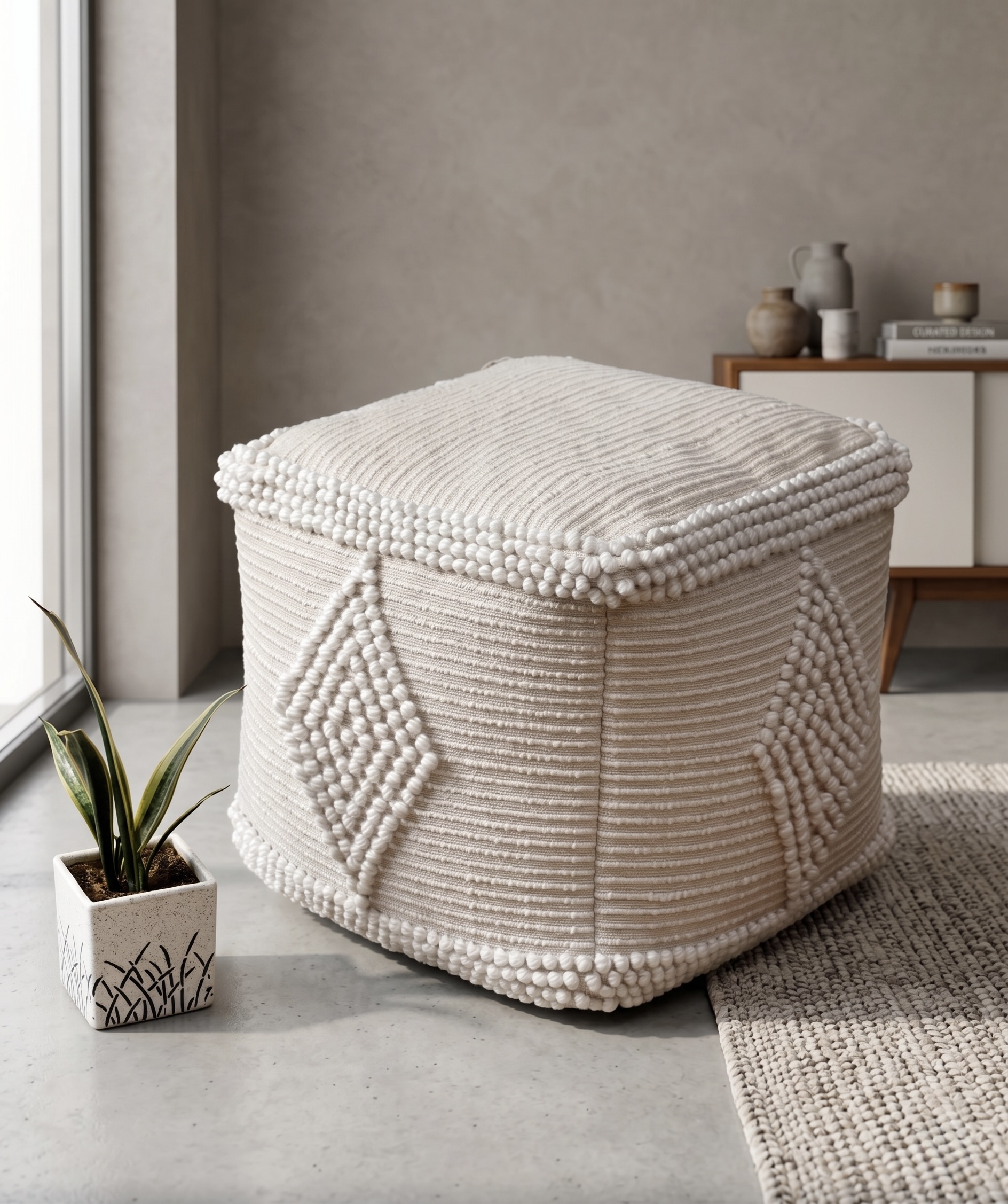 AH-PF-005 Ivory Hand-Tufted Diamond Pouffe
