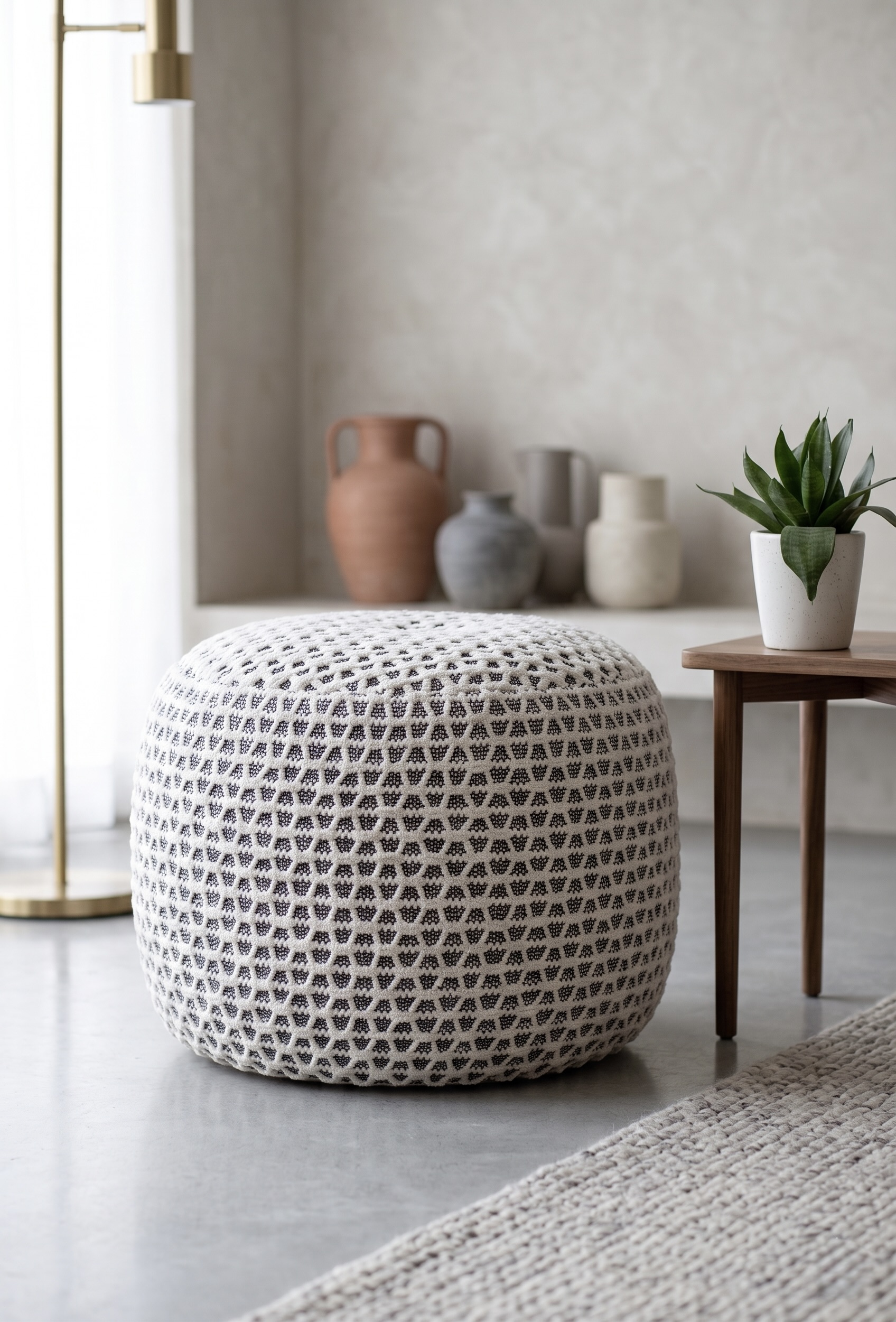 AH-PF-006 Round White-Grey Dot Woven Pouffe