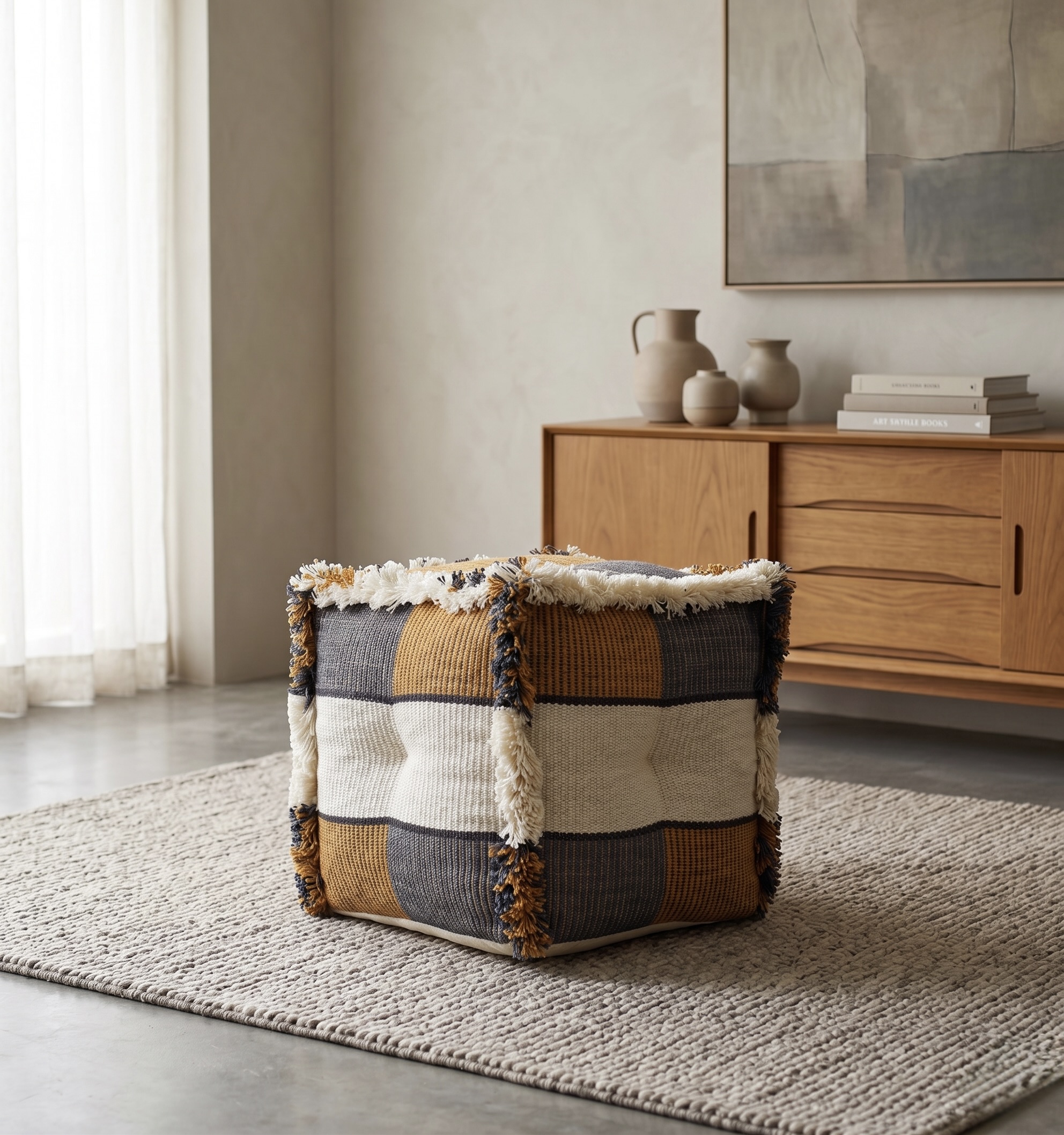 AH-PF-007 Ochre Grey Colour-Block Fringe Pouffe